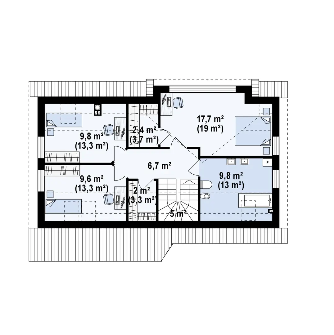 Hol – 6,7 m²
Garderoba – 2,0 m² / 3,3 m²
Garderoba – 2,4 m² / 3,7 m²
Pokój – 17,7 m² / 19,0 m²
Pokój – 9,6 m² / 13,3 m²
Pokój – 9,8 m² / 13,3 m²
Łazienka – 9,8 m² / 13,0 m²
Schody – 5,0 m²
