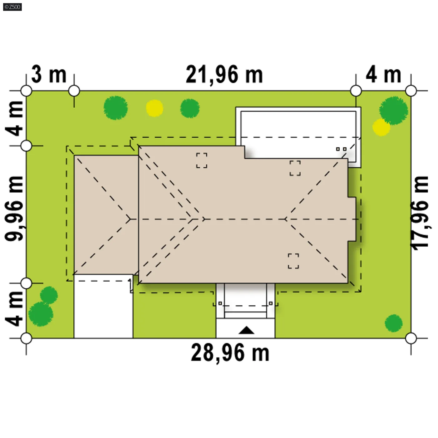 Minimalne wymiary działki
szerokość
28,96 m
długość
17,96 m
Wymiary elewacji frontowej
21,96 m