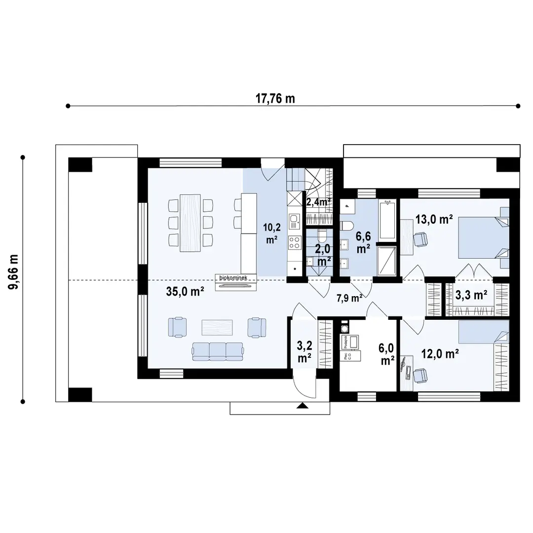 Sień – 3,2 m²
Salon + jadalnia – 35,0 m²
Kuchnia – 10,2 m²
Spiżarnia – 2,4 m²
WC – 2,0 m²
Łazienka – 6,6 m²
Pokój – 13,0 m²
Garderoba – 3,3 m²
Pokój – 12,0 m²
Hol – 7,9 m²
Pomieszczenie gospodarcze – 0,0 m² / 6,0 m²