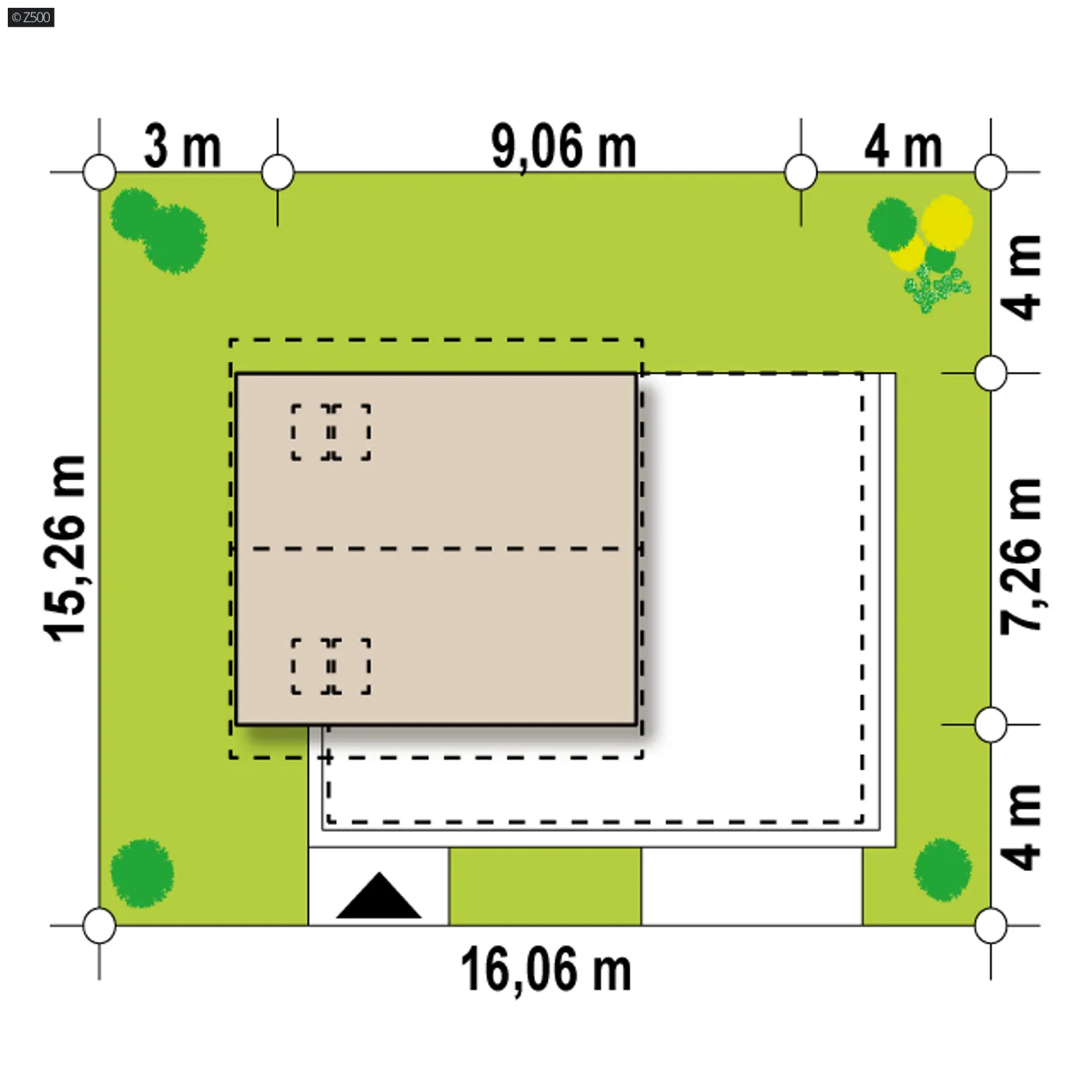 Minimalne wymiary działki
szerokość
16,06 m
długość
15,26 m
Wymiary elewacji frontowej
9,06 m