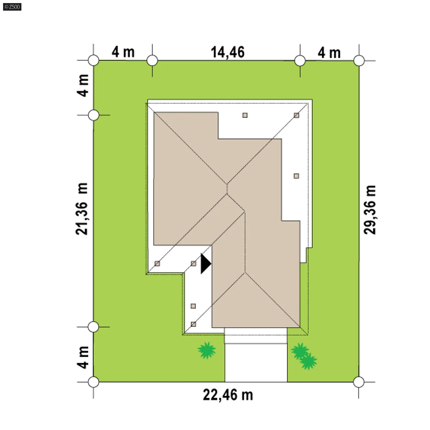 Minimalne wymiary działki
szerokość
22,46 m
długość
29,36 m
Wymiary elewacji frontowej
14,46 m
