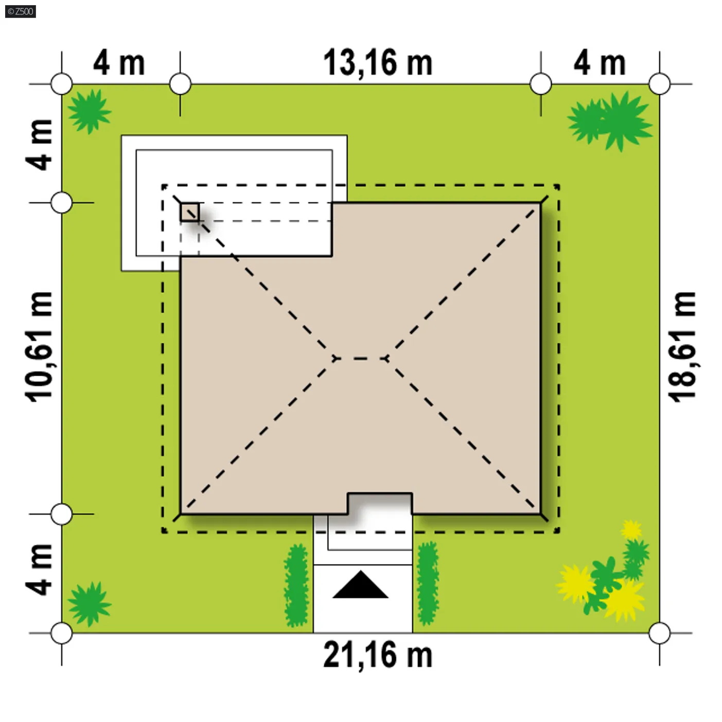 Minimalne wymiary działki
szerokość
21,16 m
długość
18,61 m
Wymiary elewacji frontowej
13,16 m
