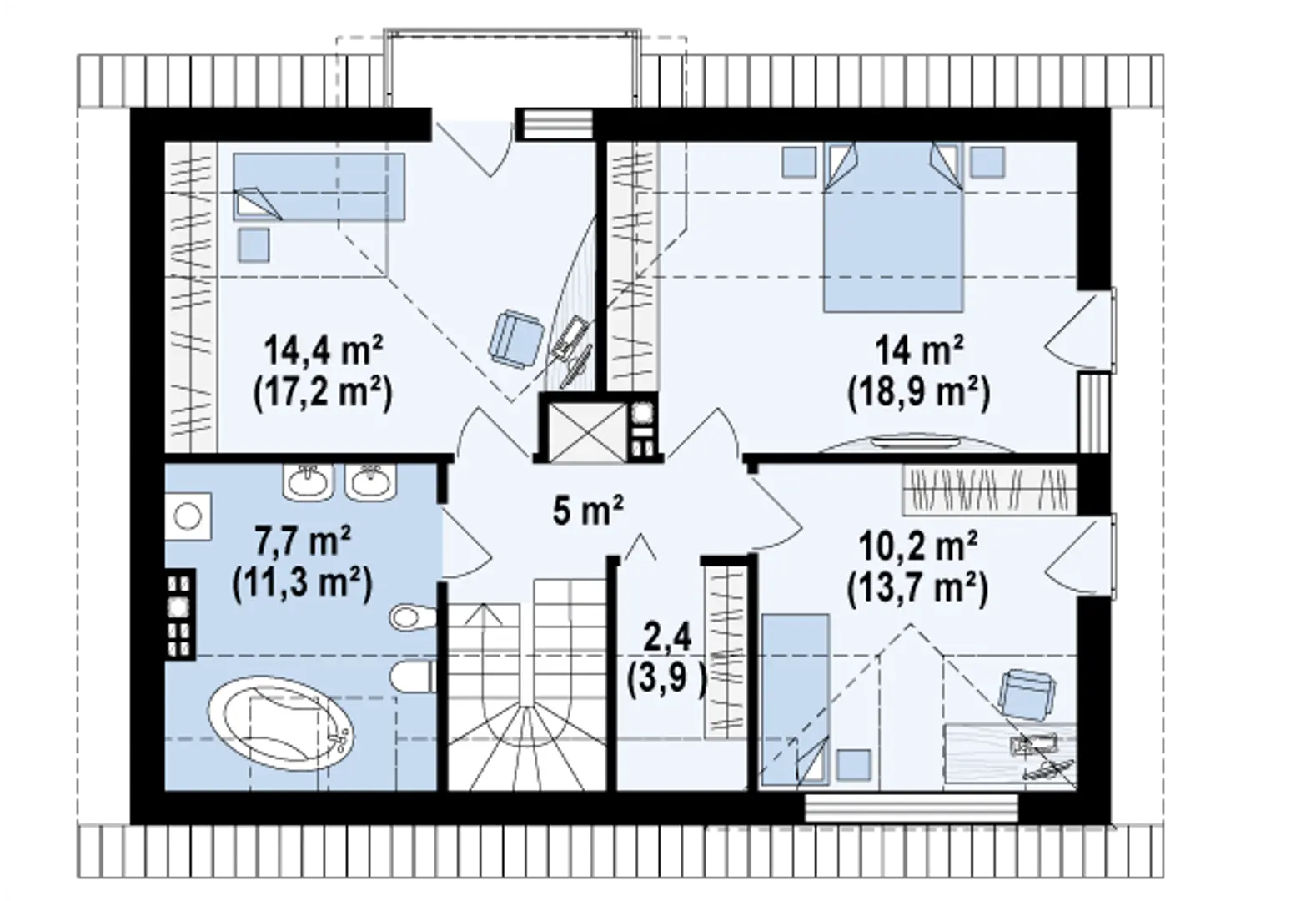 Hol – 5,0 m²
Łazienka – 7,8 m² / 11,4 m²
Pokój – 14,4 m² / 17,2 m²
Pokój – 14,0 m² / 18,8 m²
Pokój – 10,2 m² / 13,7 m²
Garderoba – 2,4 m² / 3,9 m²