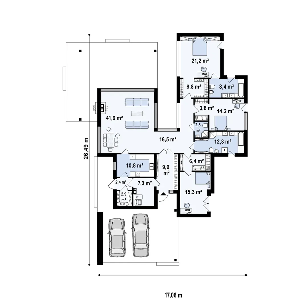 Sień – 9,9 m²
Pomieszczenie gospodarcze – 7,3 m²
Kuchnia – 10,8 m²
Hol – 2,4 m²
Spiżarnia – 2,9 m²
Salon + jadalnia – 41,6 m²
Hol – 16,5 m²
Garderoba – 6,4 m²
Pokój – 15,3 m²
Łazienka – 12,3 m²
Łazienka – 2,7 m²
Garderoba – 3,8 m²
Pokój – 14,2 m²
Garderoba – 6,8 m²
Łazienka – 8,4 m²
Pokój – 21,2 m²
Wiata – 67,5 m²