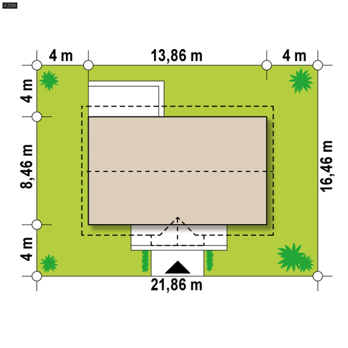Minimalne wymiary działki
szerokość
21,86 m
długość
16,46 m
Wymiary elewacji frontowej
13,86 m