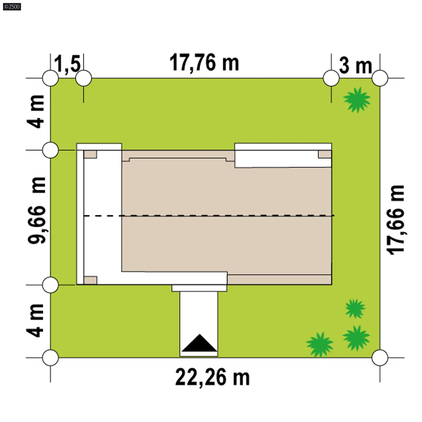Minimalne wymiary działki
szerokość
22,26 m
długość
17,66 m
Wymiary elewacji frontowej
17,76 m
