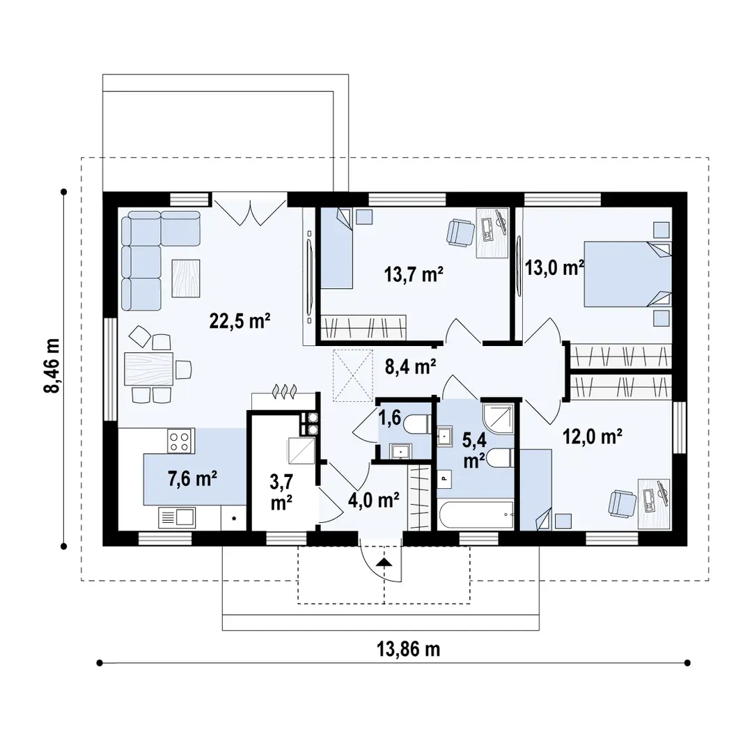 Sień – 4,0 m²
Pomieszczenie gospodarcze – 0,0 m² / 3,7 m²
Hol – 8,4 m²
WC – 1,6 m²
Kuchnia – 7,6 m²
Salon – 22,5 m²
Łazienka – 5,4 m²
Pokój – 12,0 m²
Pokój – 13,0 m²
Pokój – 13,7 m²