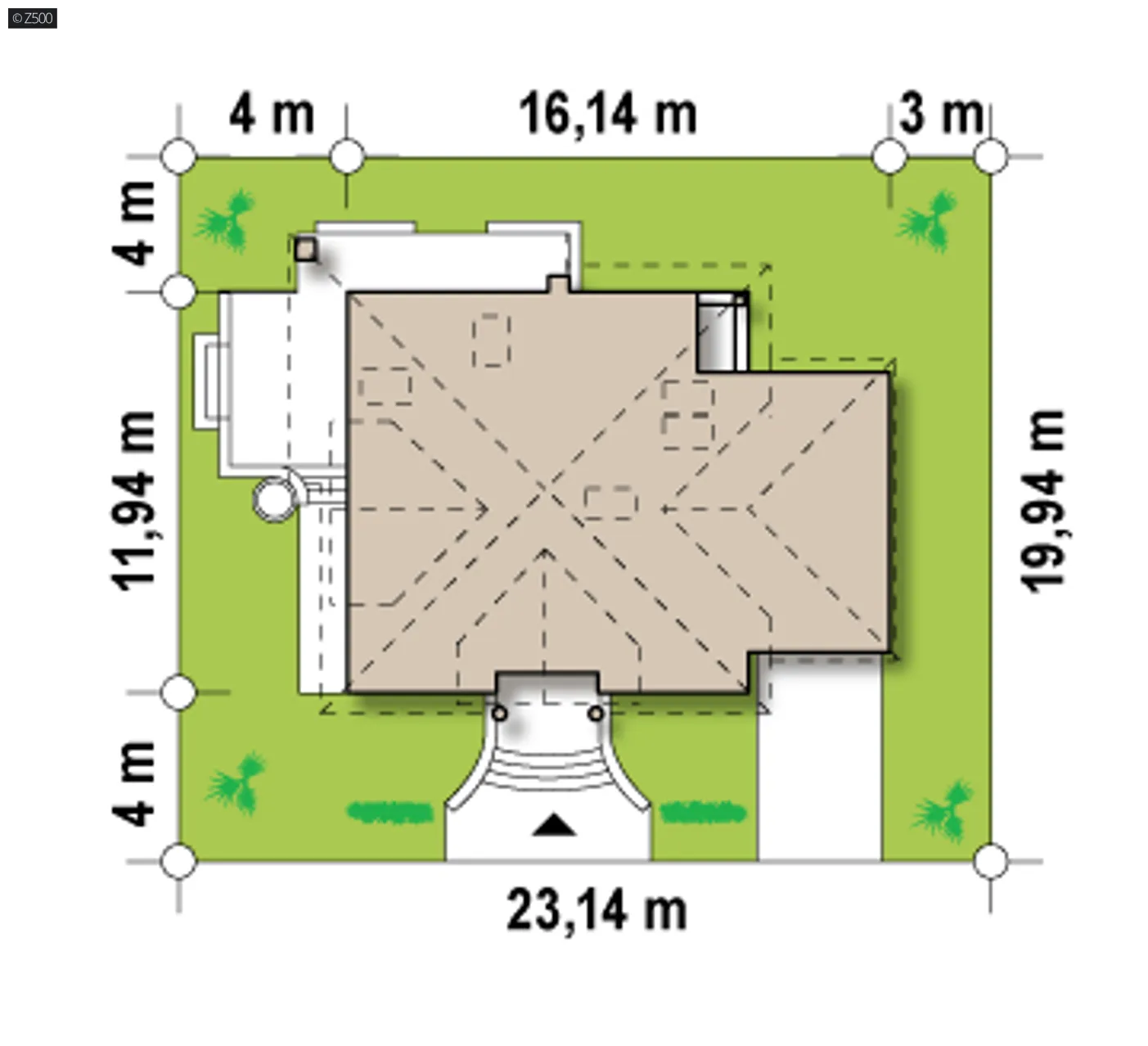 Minimalne wymiary działki
szerokość
23,46 m
długość
20,21 m
Wymiary elewacji frontowej
17,46 m