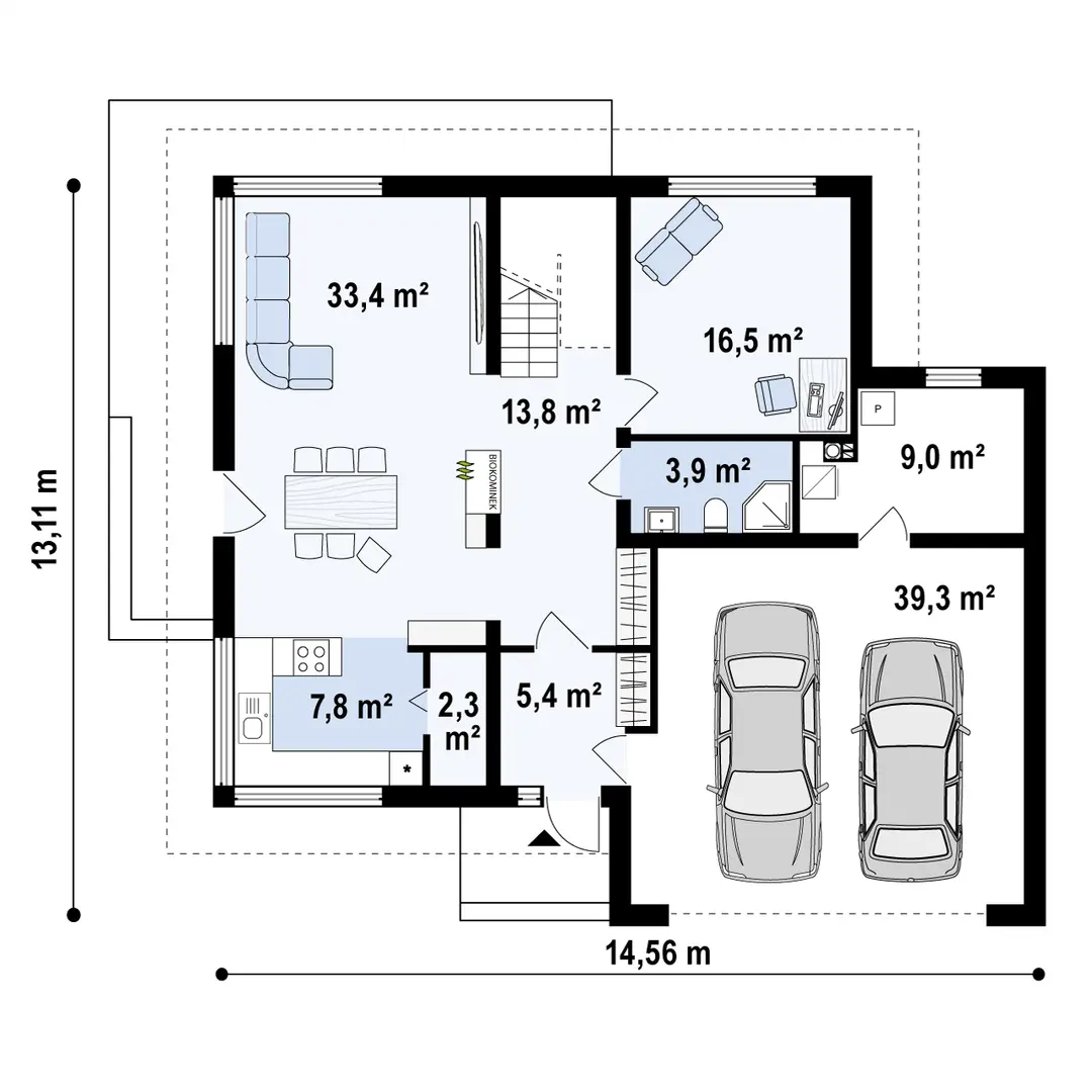 Sień – 5,4 m²
Hol – 12,8 m² / 13,8 m²
Łazienka – 3,9 m²
Gabinet – 16,5 m²
Kuchnia – 7,8 m²
Spiżarnia – 2,3 m²
Salon + jadalnia – 33,4 m²
Garaż – 39,3 m²
Pomieszczenie gospodarcze – 9,0 m²