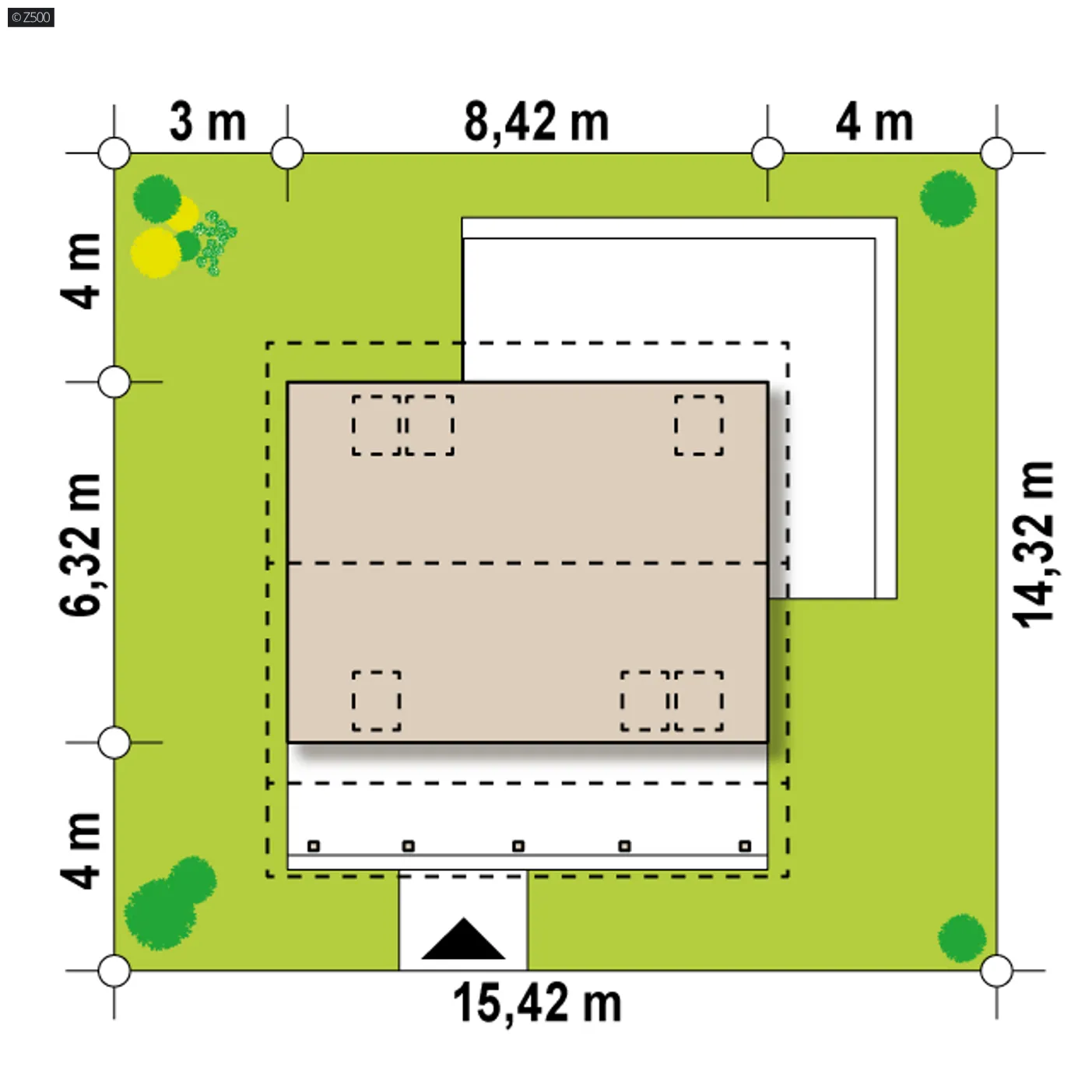 Minimalne wymiary działki
szerokość
16,72 m
długość
14,92 m
Wymiary elewacji frontowej
8,72 m