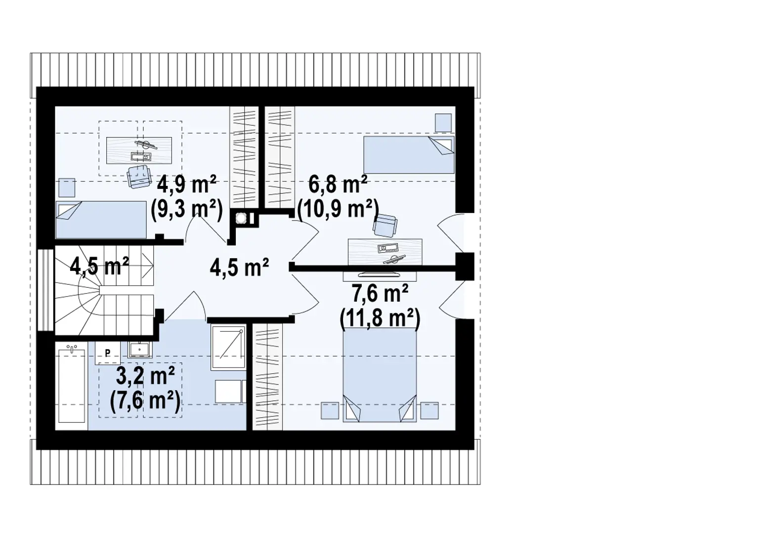 Hol – 4,5 m²
Łazienka – 3,2 m² / 7,6 m²
Pokój – 4,9 m² / 9,3 m²
Pokój – 6,8 m² / 10,9 m²
Pokój – 7,6 m² / 11,8 m²
Schody – 0,0 m² / 4,5 m²