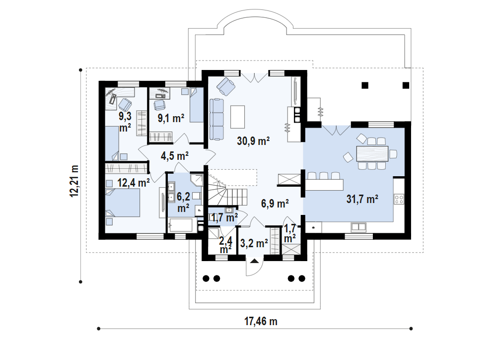 Sień – 3,2 m²
Hol – 6,9 m²
WC – 1,7 m²
Spiżarnia – 1,7 m²
Kuchnia + jadalnia – 31,7 m²
Salon – 29,7 m² / 30,9 m²
Hol – 4,5 m²
Łazienka – 6,2 m²
Pokój – 12,4 m²
Pokój – 9,3 m²
Pokój – 9,1 m²
Pomieszczenie gospodarcze – 0,0 m² / 2,4 m²