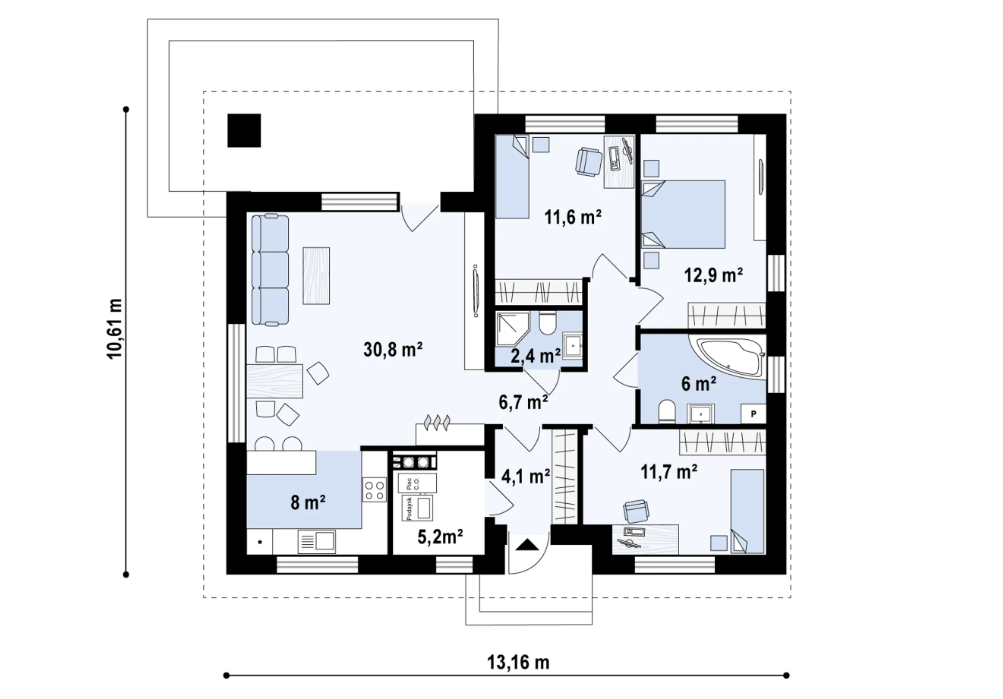Sień – 4,1 m²
Hol – 6,7 m²
Kuchnia – 8,0 m²
Salon + jadalnia – 30,8 m²
Pokój – 11,7 m²
Łazienka – 6,0 m²
Pokój – 12,9 m²
Pokój – 11,6 m²
Łazienka – 2,4 m²
Pomieszczenie gospodarcze – 0,0 m² / 5,2 m²