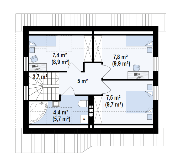 Hol – 5,0 m²
Pokój – 7,4 m² / 8,9 m²
Pokój – 7,5 m² / 9,7 m²
Pokój – 7,8 m² / 9,9 m²
Łazienka – 4,4 m² / 5,7 m²
Schody – 0,0 m² / 3,7 m²