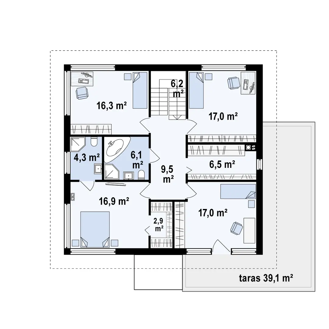 Hol – 9,5 m²
Schody – 6,2 m²
Pokój – 16,3 m²
Łazienka – 6,1 m²
Pok