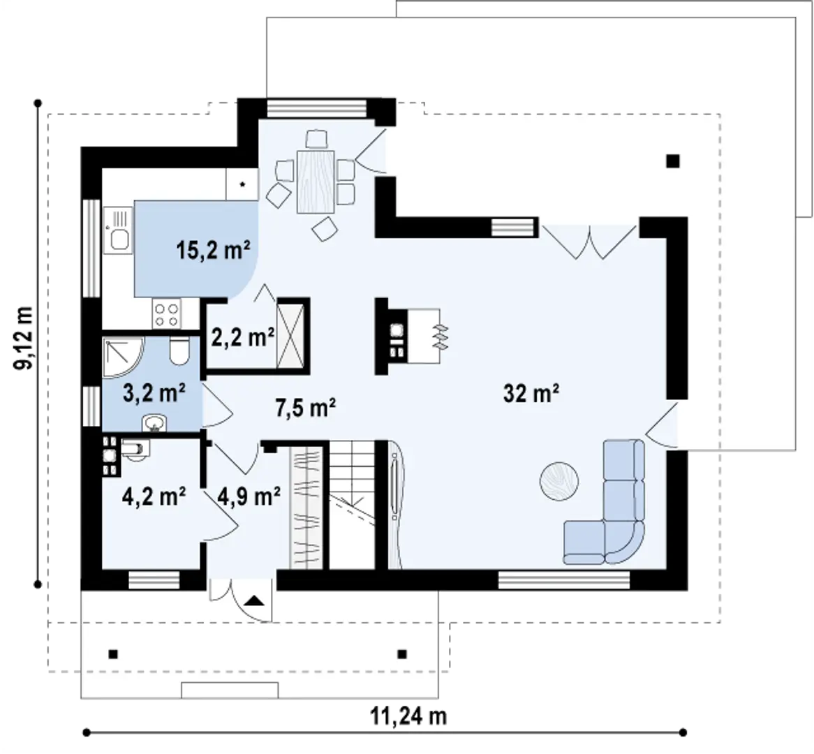 Sień – 4,9 m²
Hol + schody – 7,5 m²
Pomieszczenie gospodarcze – 4,2 m²
Łazienka – 3,2 m²
Salon – 32,0 m²
Kuchnia + jadalnia – 15,2 m²
Spiżarnia – 2,2 m²