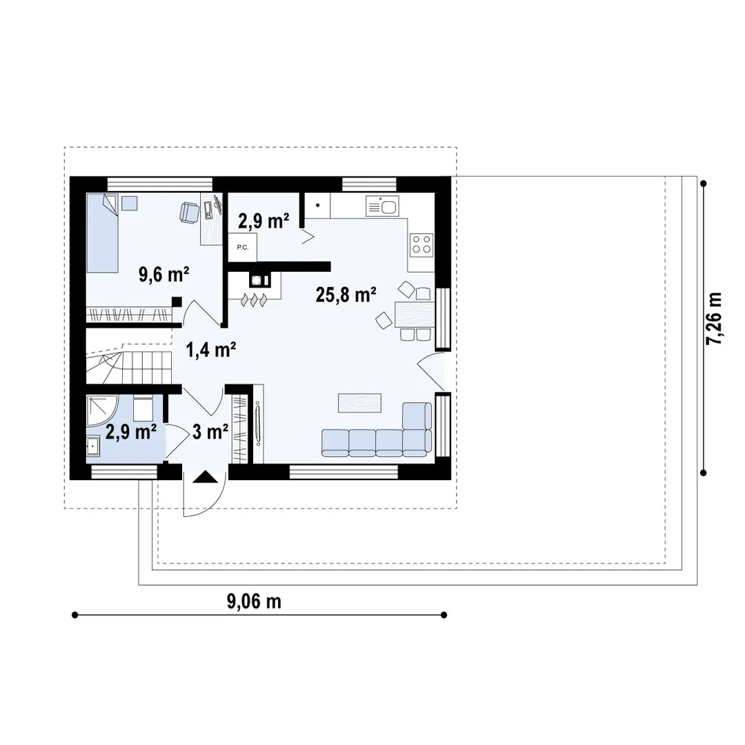 Hol – 1,4 m²
Łazienka – 2,9 m²
Pomieszczenie gospodarcze – 0,0 m² / 2,9 m²
Pokój – 9,2 m² / 9,6 m²
Salon + kuchnia – 25,8 m²
Sień – 3,0 m²