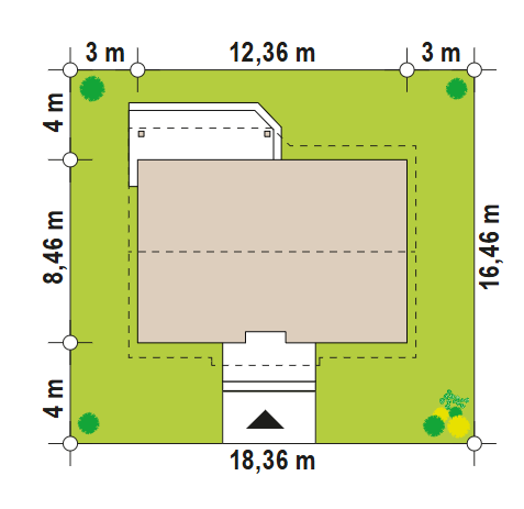 Minimalne wymiary działki
szerokość
18,36 m
długość
16,46 m
Wymiary elewacji frontowej
12,36 m