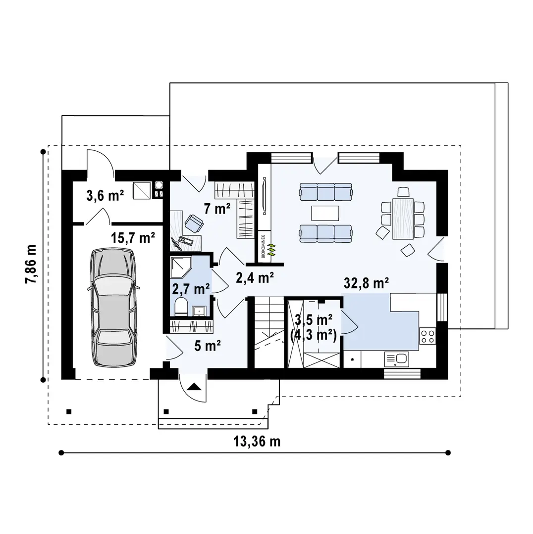 Salon + kuchnia – 32,8 m²
Spiżarnia – 3,5 m² / 4,3 m²
Hol – 2,4 m²
Gabinet – 7,0 m²
WC – 2,7 m²
Sień – 5,0 m²
Garaż – 15,7 m²
Pomieszczenie gospodarcze – 3,6 m²