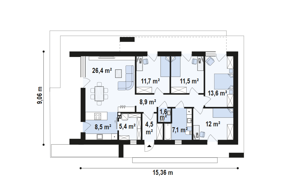Hol – 8,9 m²
Kuchnia – 8,5 m²
Łazienka – 7,1 m²
P.g. + spiżarka – 5,4 m²
Pokój – 11,5 m²
Pokój – 11,7 m²
Pokój – 12,0 m²
Pokój – 13,6 m²
Salon + jadalnia – 26,4 m²
Sień – 4,5 m²
WC – 1,6 m²