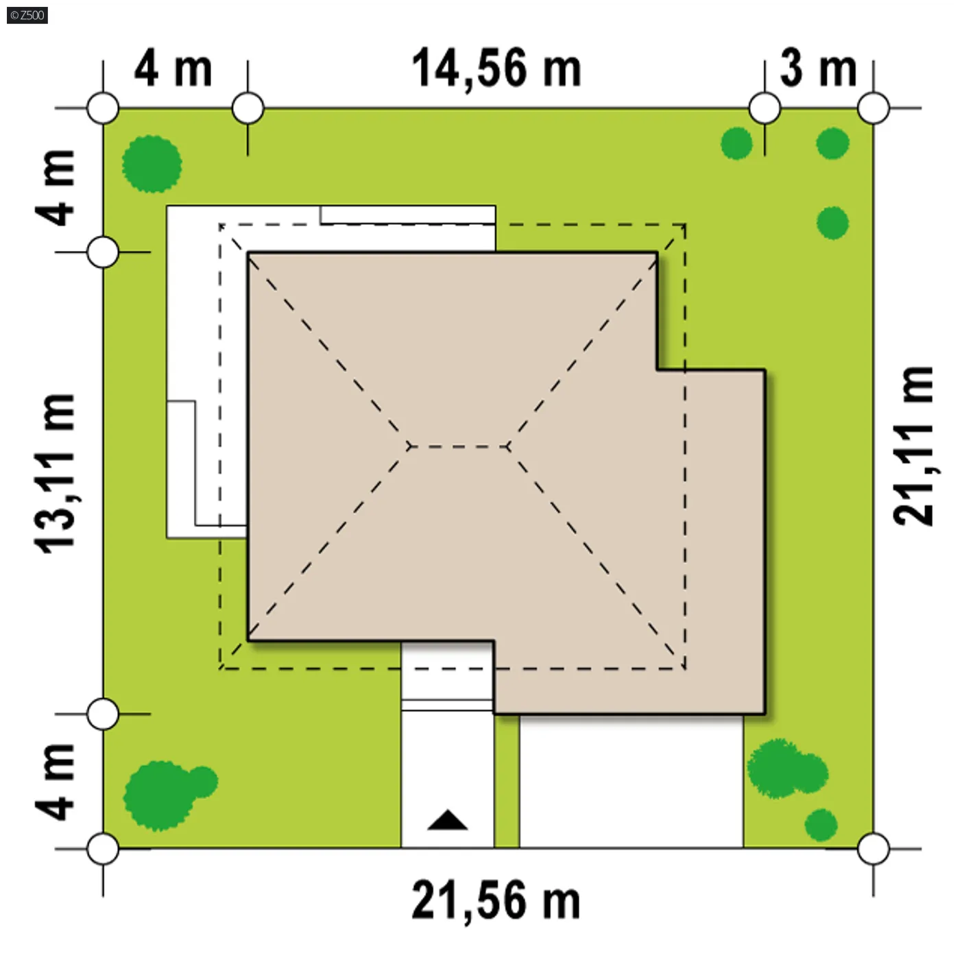 Minimalne wymiary działki
szerokość
21,56 m
długość
21,11 m
Wymiary elewacji frontowej
14,56 m