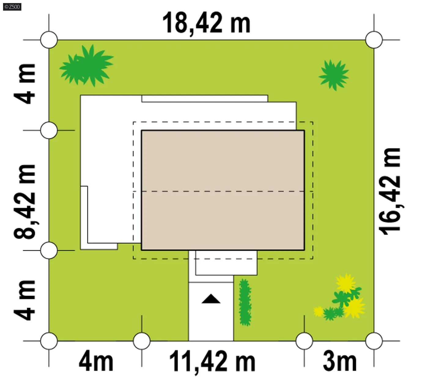 Minimalne wymiary działki
szerokość
18,42 m
długość
16,42 m
Wymiary elewacji frontowej
11,42 m
