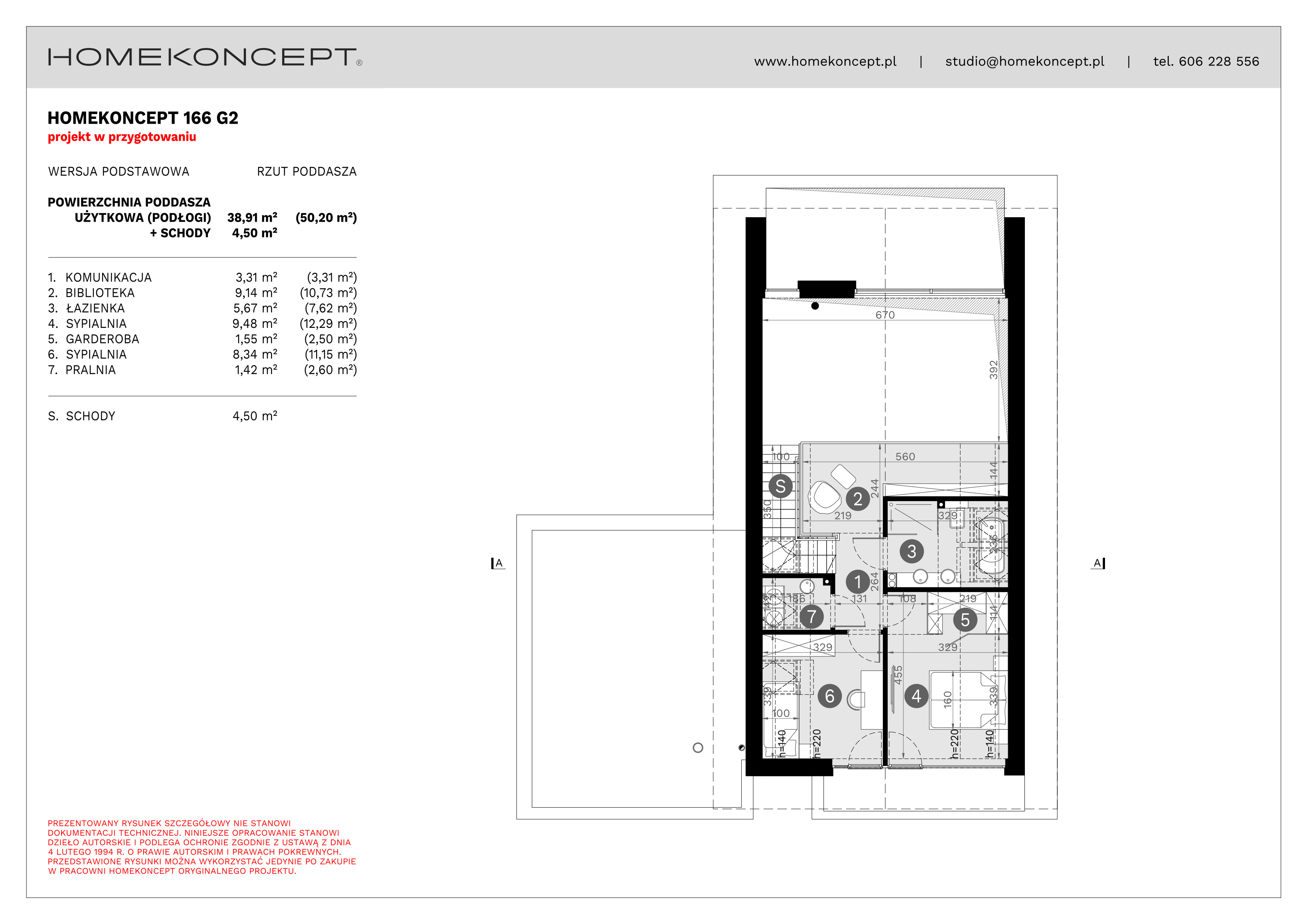 RZUT PODDASZA
POWIERZCHNIA: 38,91 m² (50,20 m²)
1. KOMUNIKACJA – 3,31 m²
2. BIBLIOTEKA – 9,14 m² (10,73 m²)
3. ŁAZIENKA – 5,67 m² (7,62 m²)
4. SYPIALNIA – 9,48 m² (12,29 m²)
5. GARDEROBA – 1,55 m² (2,50 m²)
6. SYPIALNIA – 8,34 m² (11,15 m²)
7. PRALNIA – 1,42 m² (2,60 m²)
S. SCHODY – 4,50 m²