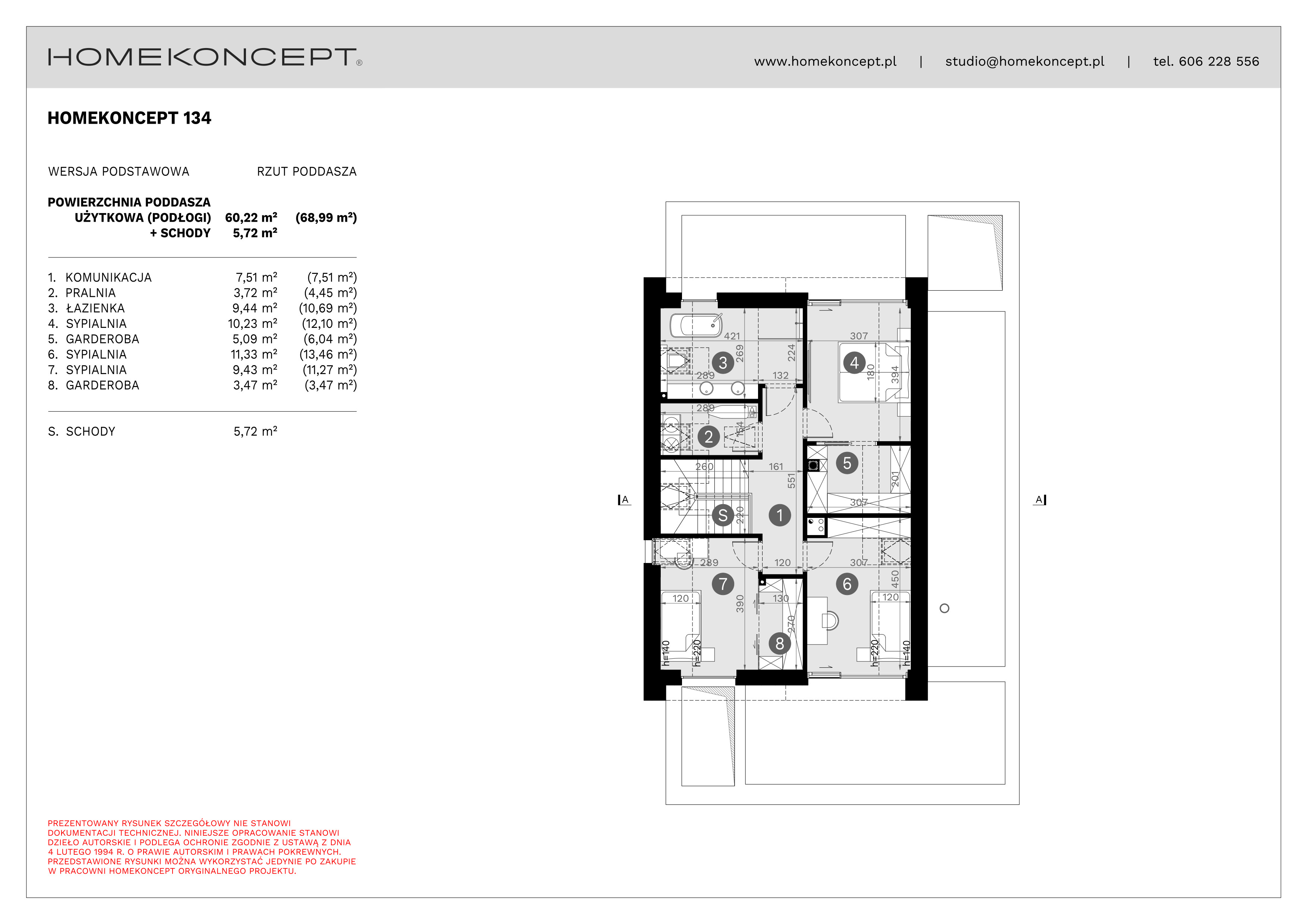 RZUT PODDASZA
POWIERZCHNIA: 60,22 m² (68,99 m²)
1. KOMUNIKACJA – 7,51 m²
2. PRALNIA – 3,72 m² (4,45 m²)
3. ŁAZIENKA – 9,44 m² (10,69 m²)
4. SYPIALNIA – 10,23 m² (12,10 m²)
5. GARDEROBA – 5,09 m² (6,04 m²)
6. SYPIALNIA – 11,33 m² (13,46 m²)
7. SYPIALNIA – 9,43 m² (11,27 m²)
8. GARDEROBA – 3,47 m²
S. SCHODY – 5,72 m²