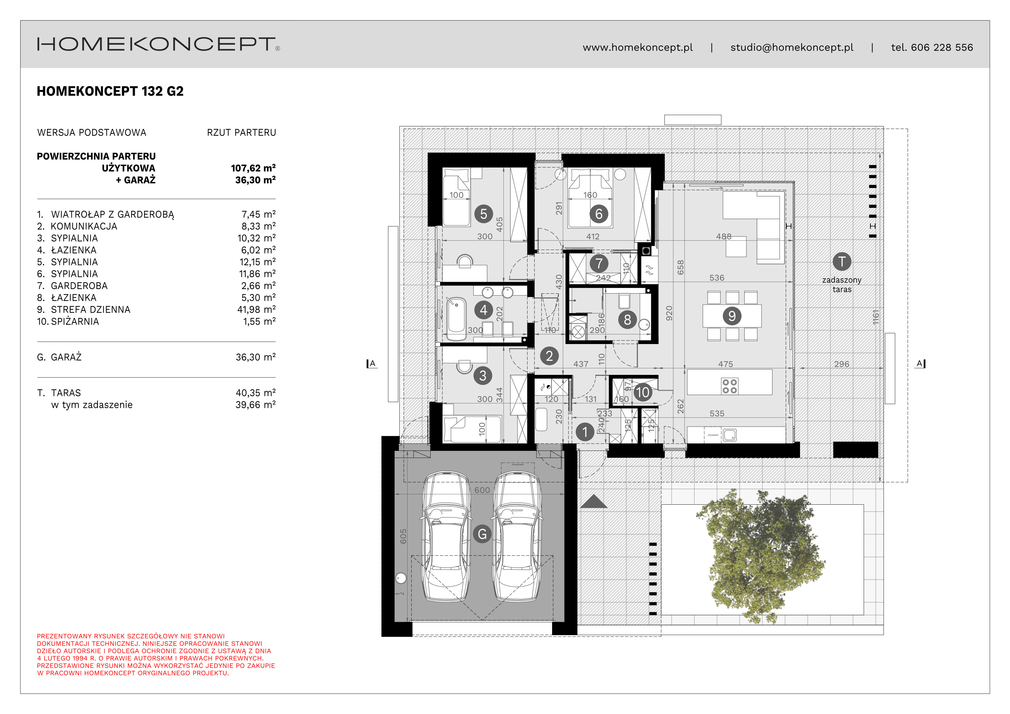 RZUT PARTERU
POWIERZCHNIA: 107,62 m²
1. WIATROŁAP Z GARDEROBĄ – 7,45 m²
2. KOMUNIKACJA – 8,33 m²
3. SYPIALNIA – 10,32 m²
4. ŁAZIENKA – 6,02 m²
5. SYPIALNIA – 12,15 m²
6. SYPIALNIA – 11,86 m²
7. GARDEROBA – 2,66 m²
8. ŁAZIENKA – 5,30 m²
9. STREFA DZIENNA – 41,98 m²
10. SPIŻARNIA – 1,55 m²
G. GARAŻ – 36,30 m²
T. TARAS – 40,64 m² (39,94 m²)