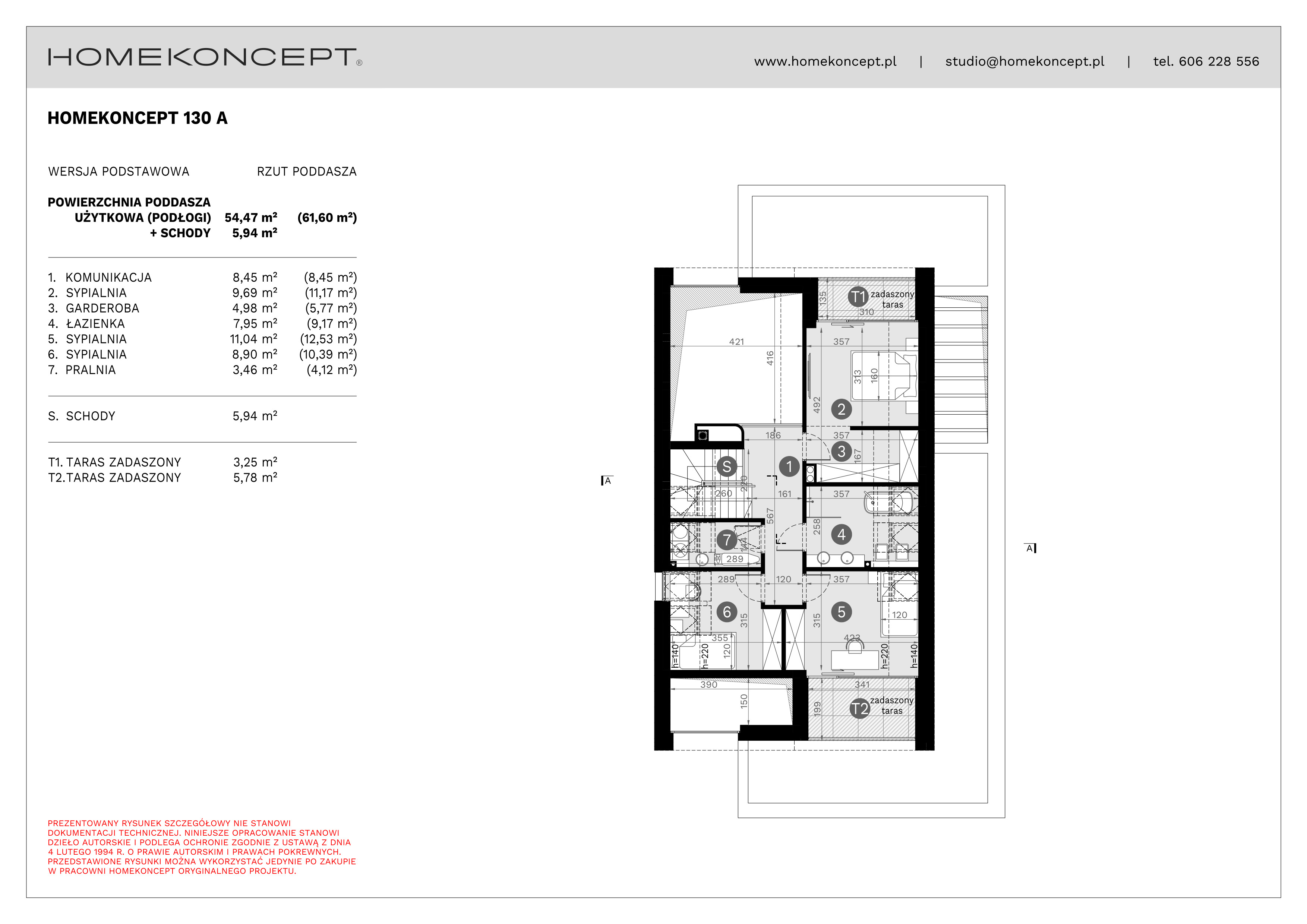 RZUT PODDASZA
POWIERZCHNIA: 54,47 m² (61,60 m²)
1. KOMUNIKACJA – 8,45 m²
2. SYPIALNIA – 9,69 m² (11,17 m²)
3. GARDEROBA – 4,98 m² (5,77 m²)
4. ŁAZIENKA – 7,95 m² (9,17 m²)
5. SYPIALNIA – 11,04 m² (12,53 m²)
6. SYPIALNIA – 8,90 m² (10,39 m²)
7. PRALNIA – 3,46 m² (4,12 m²)
S. SCHODY – 5,94 m²
T1. TARAS ZADASZONY – 3,25 m²
T2. TARAS ZADASZONY – 5,78 m²