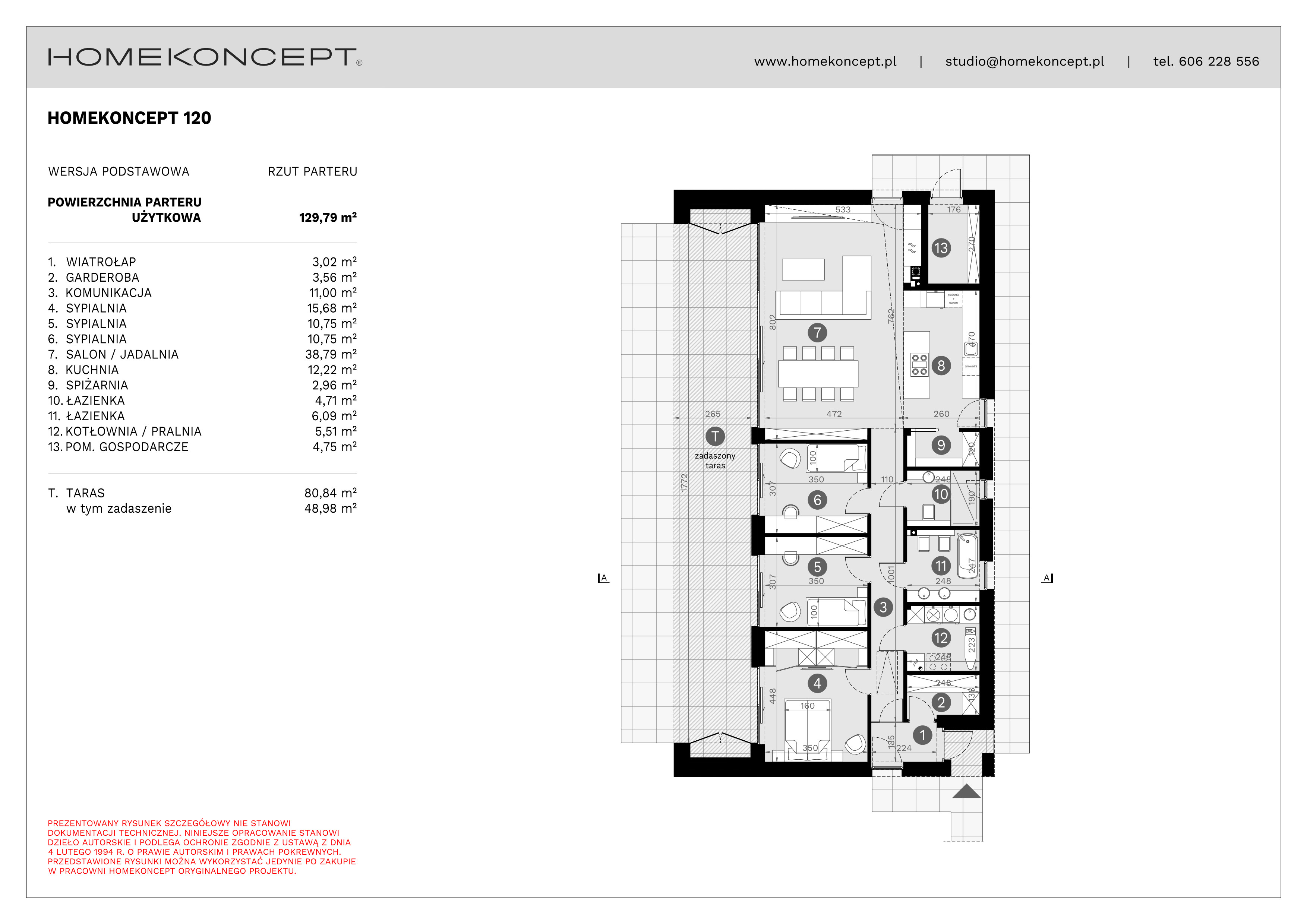 RZUT PARTERU
POWIERZCHNIA: 129,79 m²
1. WIATROŁAP – 3,02 m²
2. GARDEROBA – 3,56 m²
3. KOMUNIKACJA – 11,00 m²
4. SYPIALNIA – 15,68 m²
5. SYPIALNIA – 10,75 m²
6. SYPIALNIA – 10,75 m²
7. SALON/JADALNIA – 38,79 m²
8. KUCHNIA – 12,22 m²
9. SPIŻARNIA – 2,96 m²
10. ŁAZIENKA – 4,71 m²
11. ŁAZIENKA – 6,09 m²
12. KOTŁOWNIA/PRALNIA – 5,51 m²
13. POM. GOSPODARCZE – 4,75 m²
T. TARAS NAZIEMNY – 80,84 m² (48,98 m²)
PRZEKRÓJ
1. WYSOKOŚĆ BUDYNKU – 8,26 m
2. WYSOKOŚĆ BUDYNKU DO OKAPU – 3,68 m