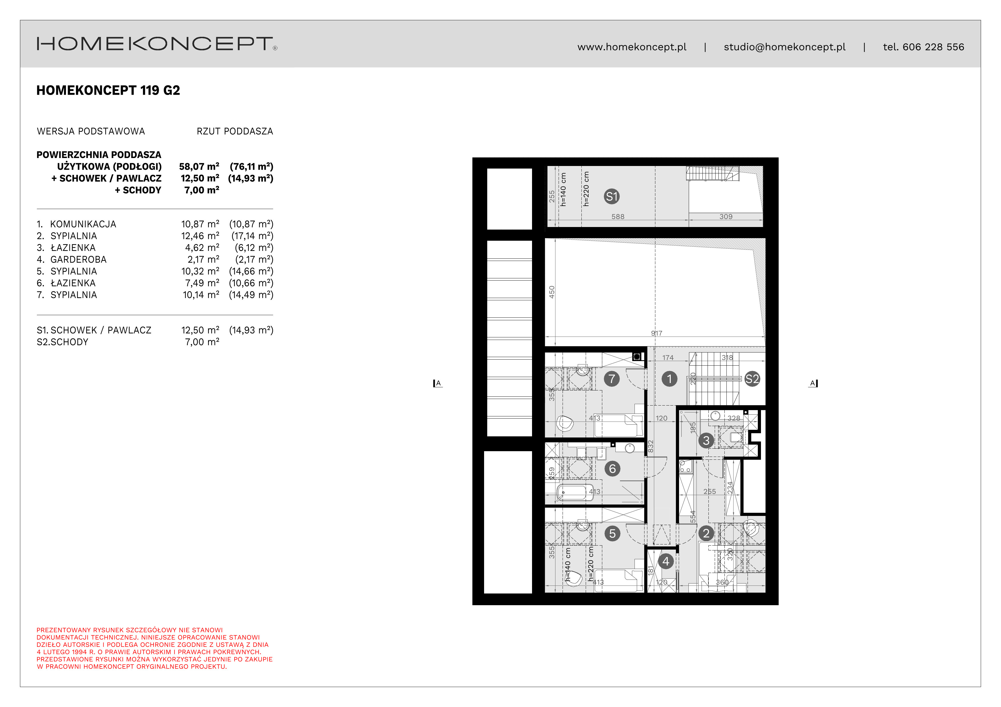 RZUT PODDASZA
POWIERZCHNIA: 58,07 m² (76,11 m²)
1. KOMUNIKACJA – 10,87 m²
2. SYPIALNIA – 12,46 m² (17,14 m²)
3. ŁAZIENKA – 4,62 m² (6,12 m²)
4. GARDEROBA – 2,17 m²
5. SYPIALNIA – 10,32 m² (14,66 m²)
6. ŁAZIENKA – 7,49 m² (10,66 m²)
7. SYPIALNIA – 10,14 m² (14,49 m²)
S1. SCHOWEK/PAWLACZ – 12,50 m² (14,93 m²)
S2. SCHODY – 7,00 m²