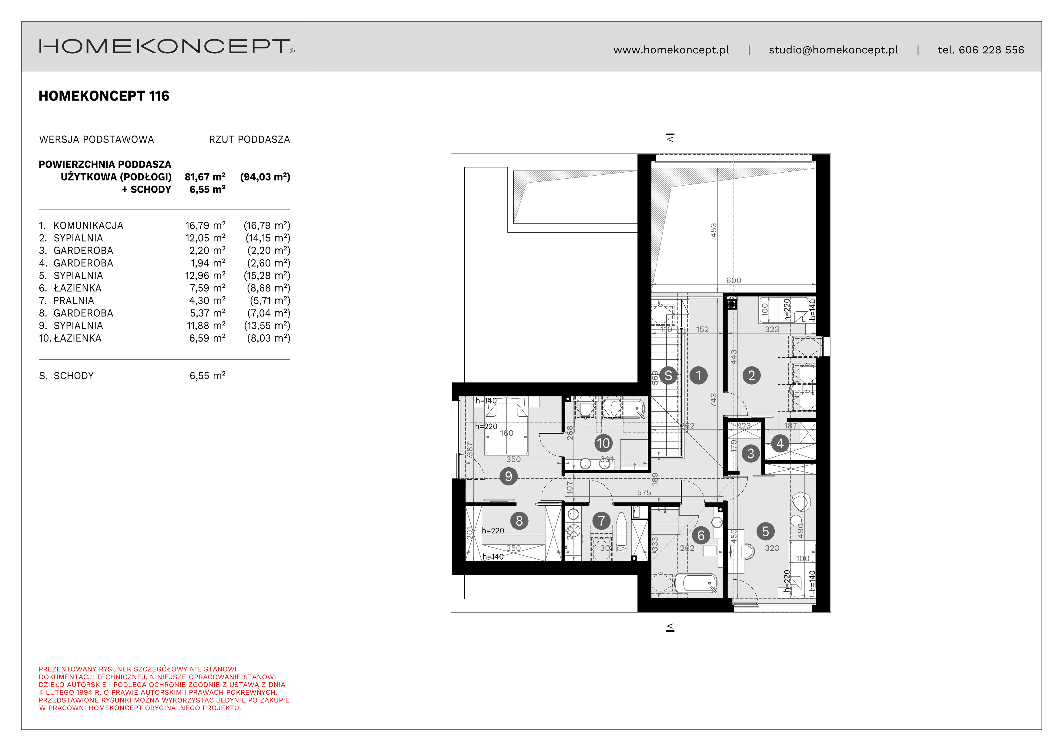 RZUT PODDASZA
POWIERZCHNIA: 81,67 m² (94,03 m²)
1. KOMUNIKACJA – 16,79 m²
2. SYPIALNIA – 12,05 m² (14,15 m²)
3. GARDEROBA – 2,20 m²
4. GARDEROBA – 1,94 m² (2,60 m²)
5. SYPIALNIA – 12,96 m² (15,28 m²)
6. ŁAZIENKA – 7,59 m² (8,68 m²)
7. PRALNIA – 4,30 m² (5,71 m²)
8. GARDEROBA – 5,37 m² (7,04 m²)
9. SYPIALNIA – 11,88 m² (13,55 m²)
10. ŁAZIENKA – 6,59 m² (8,03 m²)
S. SCHODY – 6,55 m²