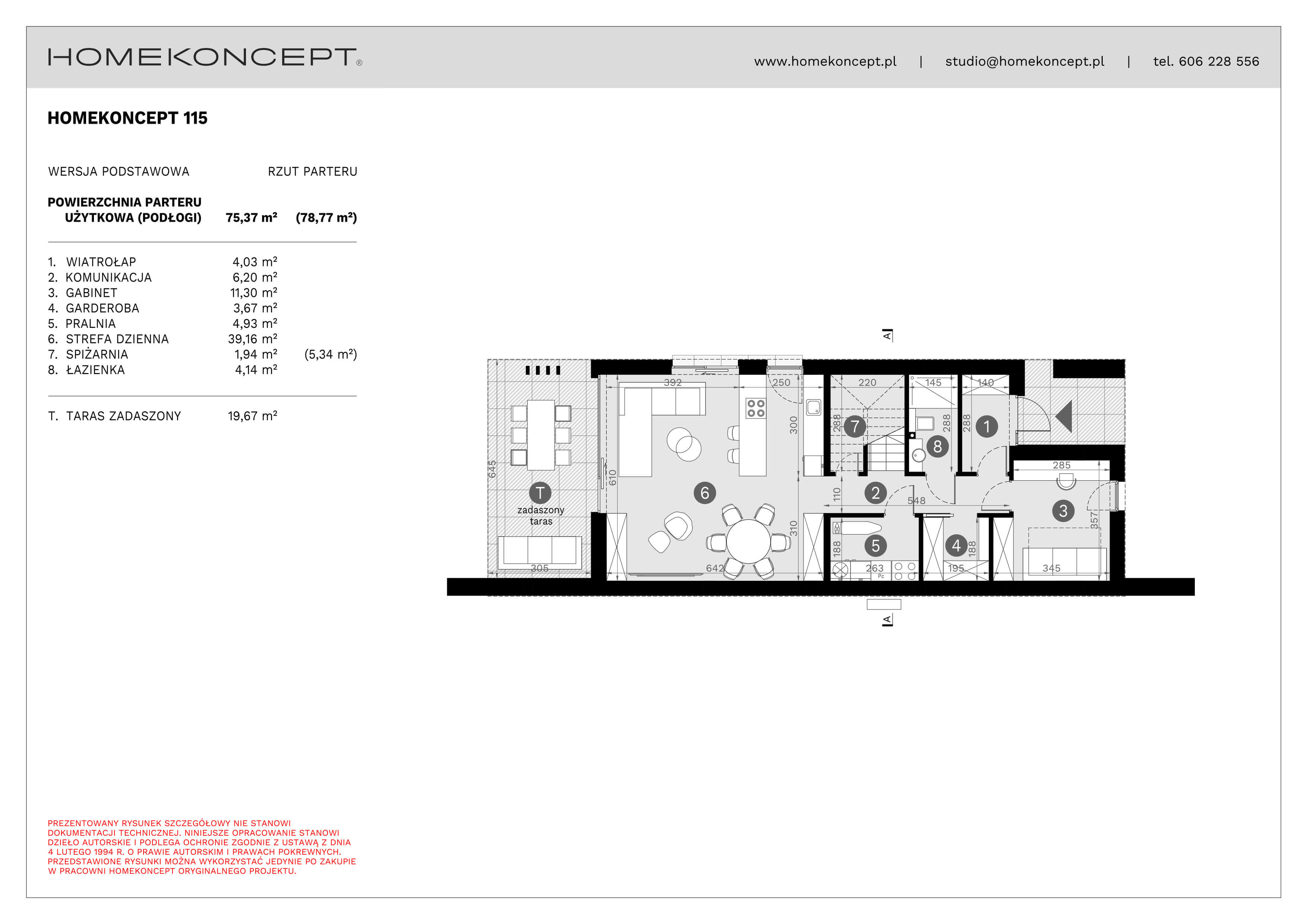 RZUT PARTERU
POWIERZCHNIA: 75,37 m² (78,77 m²)
1. WIATROŁAP – 4,03 m²
2. KOMUNIKACJA – 6,20 m²
3. GABINET – 11,30 m²
4. GARDEROBA – 3,67 m²
5. PRALNIA – 4,93 m²
6. STREFA DZIENNA – 39,16 m²
7. SPIŻARNIA – 1,94 m² (5,34 m²)
8. ŁAZIENKA – 4,14 m²
T. TARAS ZADASZONY – 19,67 m²