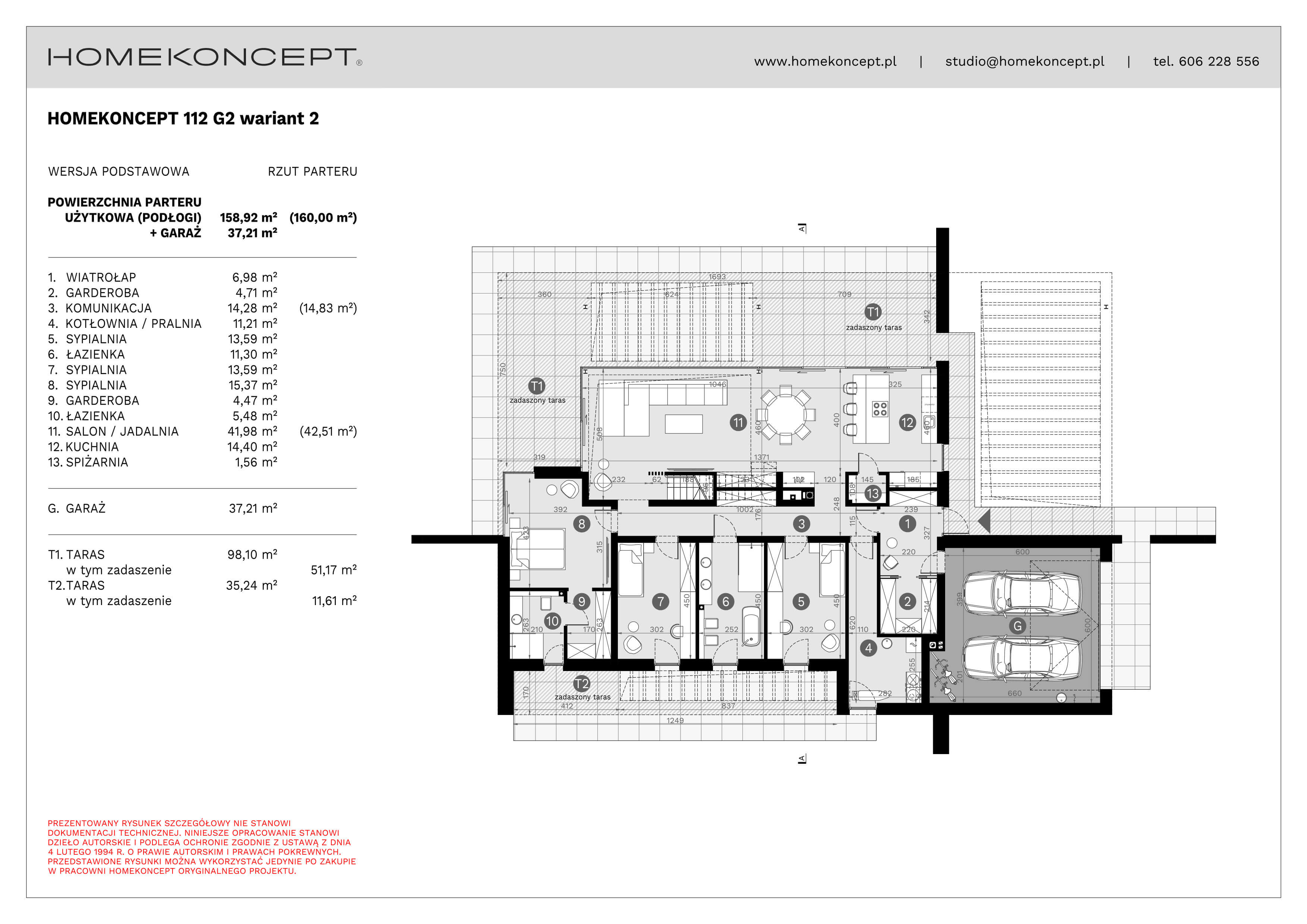 RZUT PARTERU
POWIERZCHNIA: 158,92 m² (160,00 m²)
1. WIATROŁAP – 6,98 m²
2. GARDEROBA – 4,71 m²
3. KOMUNIKACJA – 14,28 m² (14,83 m²)
4. KOTŁOWNIA/PRALNIA – 11,21 m²
5. SYPIALNIA – 13,59 m²
6. ŁAZIENKA – 11,30 m²
7. SYPIALNIA – 13,59 m²
8. SYPIALNIA – 15,37 m²
9. GARDEROBA – 4,47 m²
10. ŁAZIENKA – 5,48 m²
11. SALON/JADALNIA – 41,98 m² (42,51 m²)
12. KUCHNIA – 14,40 m²
13. SPIŻARNIA – 1,56 m²
G. GARAŻ – 37,21 m²
T1. TARAS NAZIEMNY – 98,10 m² (51,17 m²)
T2. TARAS NAZIEMNY – 35,24 m² (11,61 m²)