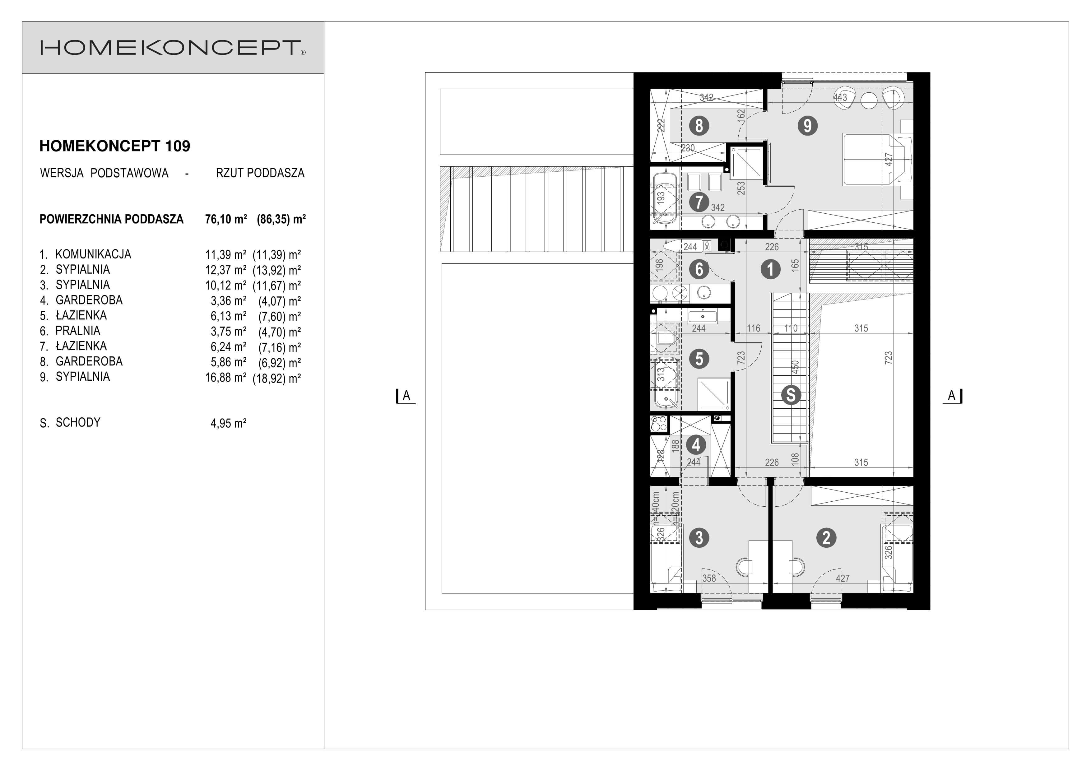 RZUT PODDASZA
POWIERZCHNIA: 76,10 m² (86,35 m²)
1. KOMUNIKACJA – 11,39 m²
2. SYPIALNIA – 12,37 m² (13,92 m²)
3. SYPIALNIA – 10,12 m² (11,67 m²)
4. GARDEROBA – 3,36 m² (4,07 m²)
5. ŁAZIENKA – 6,13 m² (7,60 m²)
6. PRALNIA – 3,75 m² (4,70 m²)
7. ŁAZIENKA – 6,24 m² (7,16 m²)
8. GARDEROBA – 5,86 m² (6,92 m²)
9. SYPIALNIA – 16,88 m² (18,92 m²)