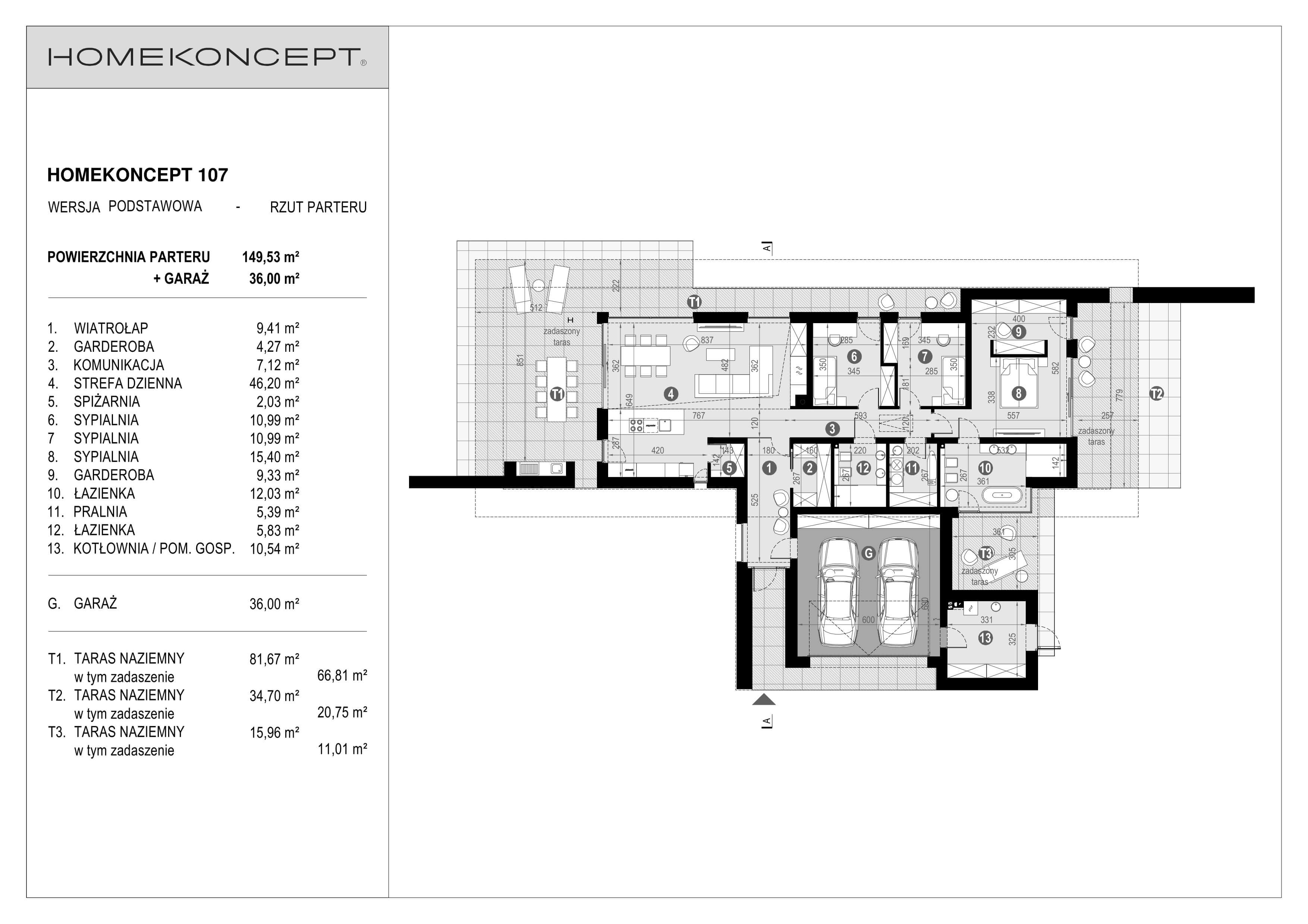 RZUT PARTERU
POWIERZCHNIA: 149,53 m²
1. WIATROŁAP – 9,41 m²
2. GARDEROBA – 4,27 m²
3. KOMUNIKACJA – 7,12 m²
4. STREFA DZIENNA – 46,20 m²
5. SPIŻARNIA – 2,03 m²
6. SYPIALNIA – 10,99 m²
7. SYPIALNIA – 10,99 m²
8. SYPIALNIA – 15,40 m²
9. GARDEROBA – 9,33 m²
10. ŁAZIENKA – 12,03 m²
11. PRALNIA – 5,39 m²
12. ŁAZIENKA – 5,83 m²
13. POM. GOSPODARCZE – 10,54 m²
G. GARAŻ – 36,00 m²
T1. TARAS NAZIEMNY – 81,67 m² (66,81 m²)
T2. TARAS NAZIEMNY – 34,70 m² (20,75 m²)
T3. TARAS NAZIEMNY – 15,96 m² (11,01 m²)