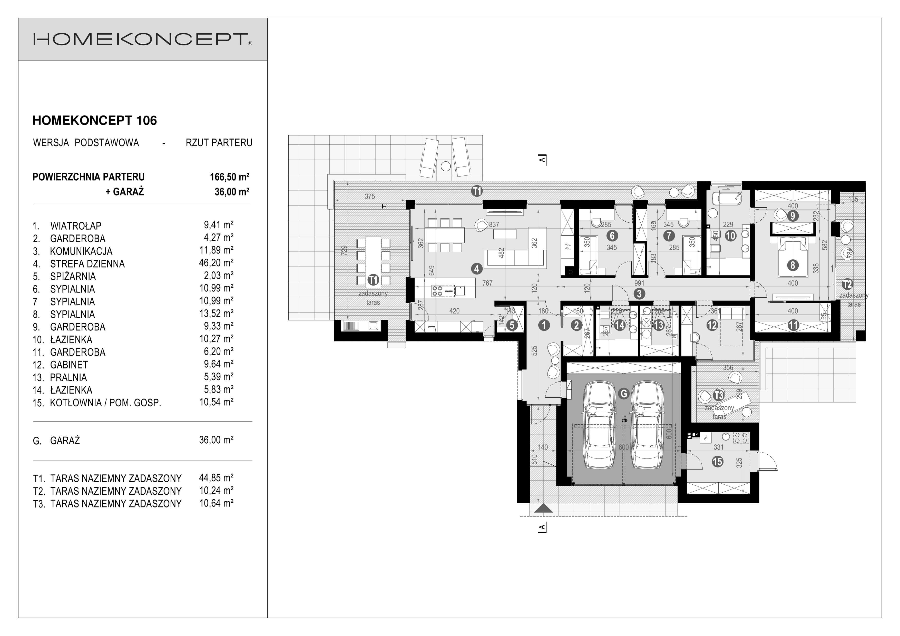 RZUT PARTERU
POWIERZCHNIA: 166,50 m²
1. WIATROŁAP – 9,41 m²
2. GARDEROBA – 4,27 m²
3. KOMUNIKACJA – 11,89 m²
4. STREFA DZIENNA – 46,20 m²
5. SPIŻARNIA – 2,03 m²
6. SYPIALNIA – 10,99 m²
7. SYPIALNIA – 10,99 m²
8. SYPIALNIA – 13,52 m²
9. GARDEROBA – 9,33 m²
10. ŁAZIENKA – 10,27 m²
11. GARDEROBA – 6,20 m²
12. GABINET – 9,64 m²
13. PRALNIA – 5,39 m²
14. ŁAZIENKA – 5,83 m²
15. POM. GOSPODARCZE – 10,54 m²
G. GARAŻ – 36,00 m²
T1. TARAS NAZIEMNY – 44,85 m² (43,27 m²)
T2. TARAS NAZIEMNY – 10,24 m²
T3. TARAS NAZIEMNY – 10,64 m²