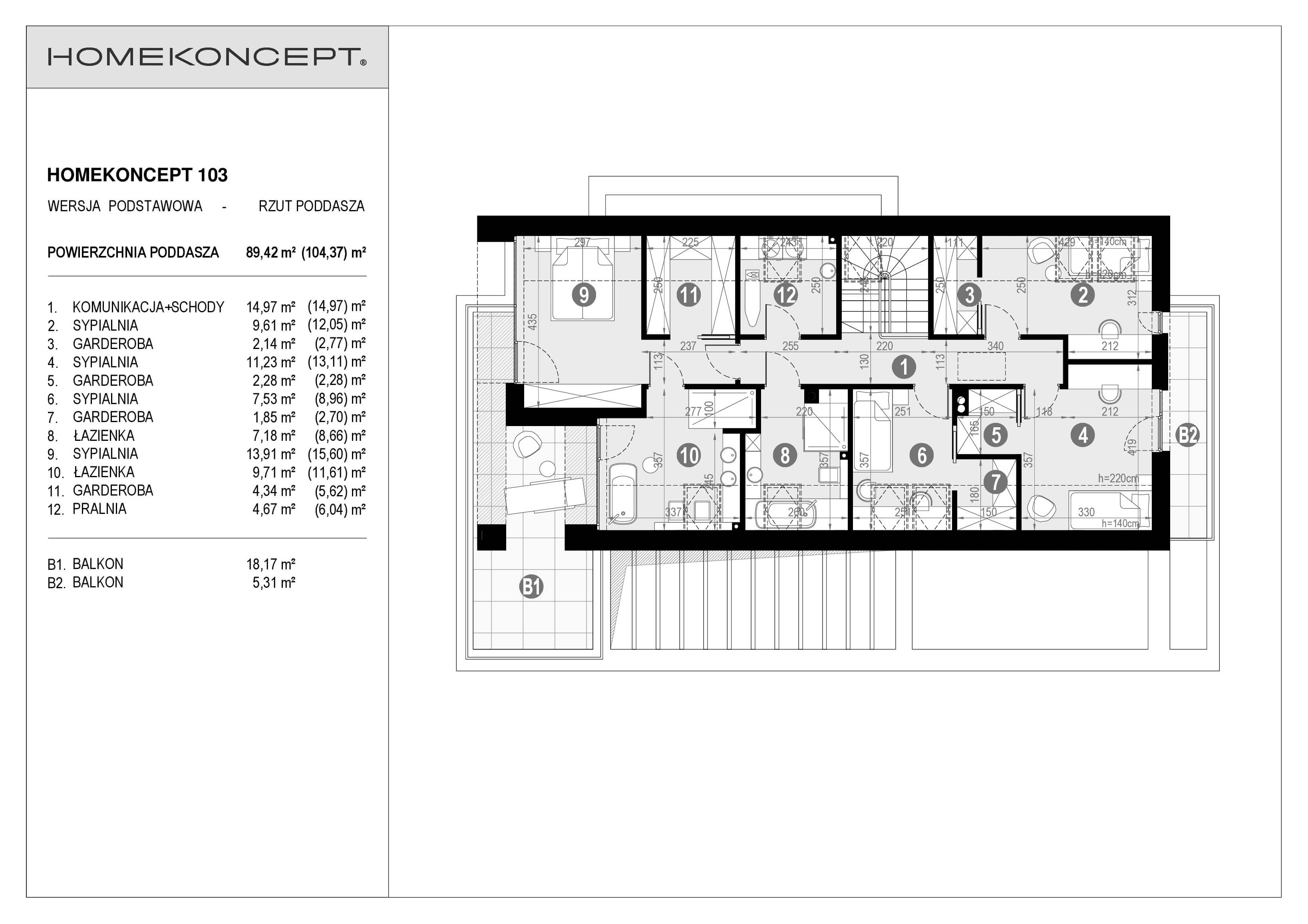 RZUT PODDASZA
POWIERZCHNIA: 89,42 m² (104,37 m²)
1. KOMUNIKACJA + SCHODY – 14,97 m²
2. SYPIALNIA – 9,61 m² (12,05 m²)
3. GARDEROBA – 2,14 m² (2,77 m²)
4. SYPIALNIA – 11,23 m² (13,11 m²)
5. GARDEROBA – 2,28 m²
6. SYPIALNIA – 7,53 m² (8,96 m²)
7. GARDEROBA – 1,85 m² (2,70 m²)
8. ŁAZIENKA – 7,18 m² (8,66 m²)
9. SYPIALNIA – 13,91 m² (15,60 m²)
10. ŁAZIENKA – 9,71 m² (11,61 m²)
11. GARDEROBA – 4,34 m² (5,62 m²)
12. PRALNIA – 4,67 m² (6,04 m²)
B1. BALKON – 18,17 m²
B2. BALKON – 5,31 m²