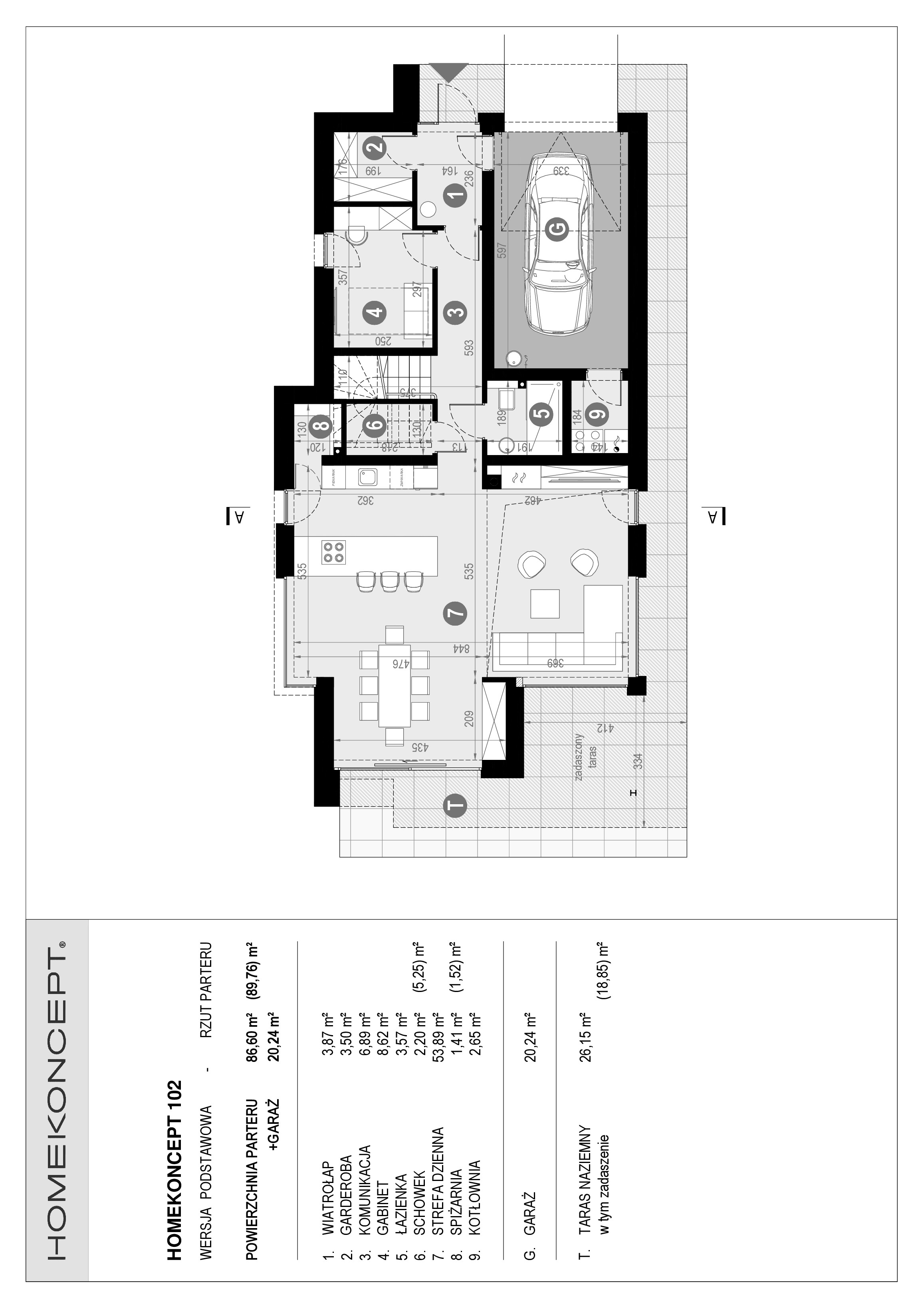 RZUT PARTERU
POWIERZCHNIA: 86,60 m² (89,76 m²)
1. WIATROŁAP – 3,87 m²
2. GARDEROBA – 3,50 m²
3. KOMUNIKACJA – 6,89 m²
4. GABINET – 8,62 m²
5. ŁAZIENKA – 3,57 m²
6. SCHOWEK – 2,20 m² (5,25 m²)
7. STREFA DZIENNA – 53,89 m²
8. SPIŻARNIA – 1,41 m² (1,52 m²)
9. KOTŁOWNIA – 2,65 m²
G. GARAŻ – 20,24 m²
T. TARAS NAZIEMNY – 26,15 m² (18,85 m²)