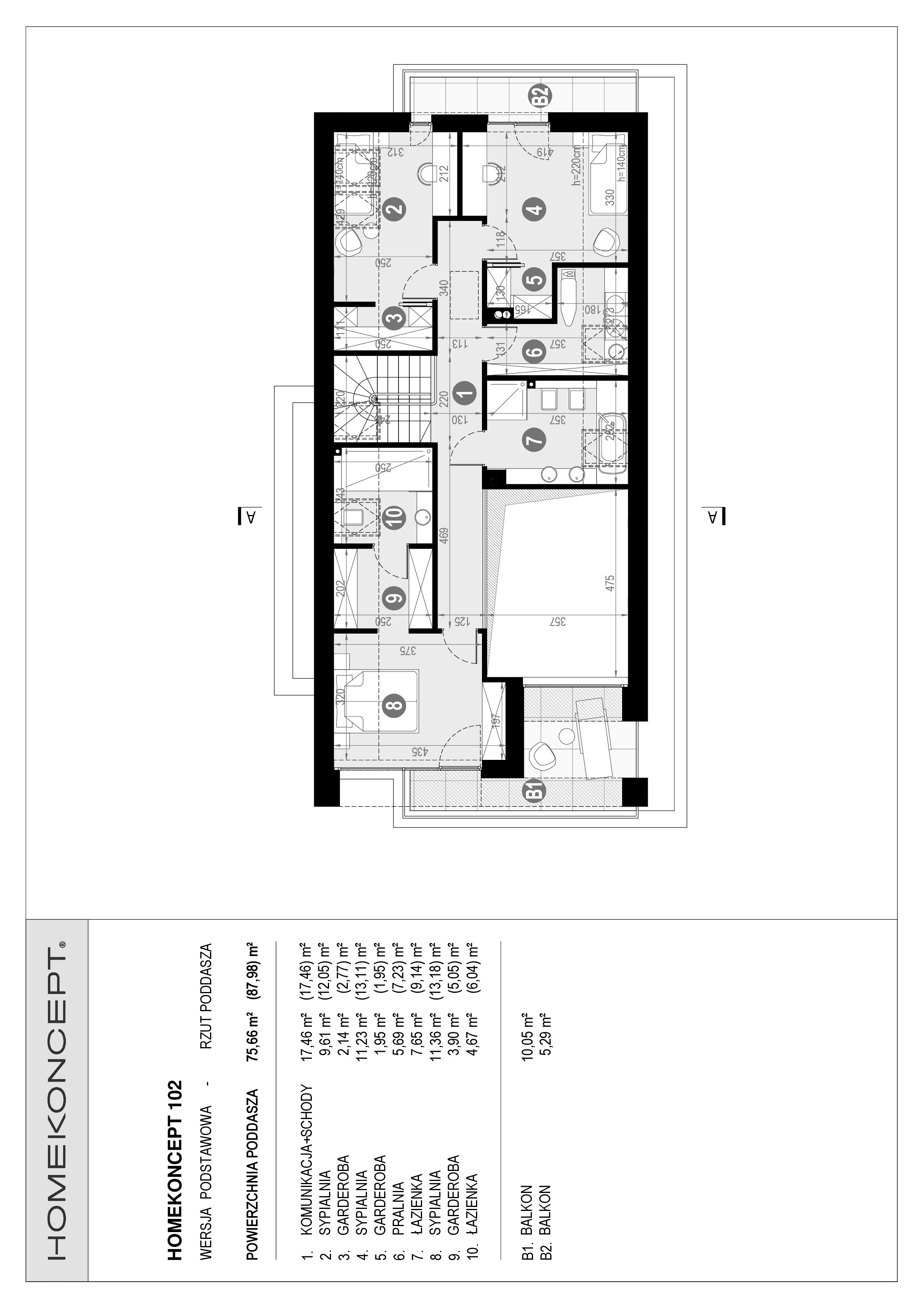 RZUT PODDASZA
POWIERZCHNIA: 75,66 m² (87,98 m²)
1. KOMUNIKACJA + SCHODY – 17,46 m²
2. SYPIALNIA – 9,61 m² (12,05 m²)
3. GARDEROBA – 2,14 m² (2,77 m²)
4. SYPIALNIA – 11,23 m² (13,11 m²)
5. GARDEROBA – 1,95 m²
6. PRALNIA – 5,69 m² (7,23 m²)
7. ŁAZIENKA – 7,65 m² (9,14 m²)
8. SYPIALNIA – 11,36 m² (13,18 m²)
9. GARDEROBA – 3,90 m² (5,05 m²)
10. ŁAZIENKA – 4,67 m² (6,04 m²)
B1. BALKON – 10,05 m²
B2. BALKON – 5,29 m²