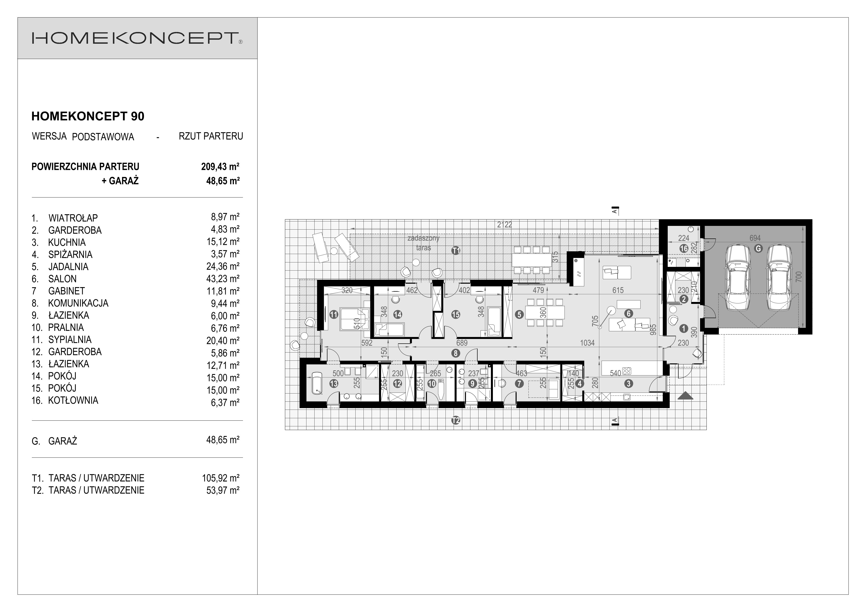 RZUT PARTERU
POWIERZCHNIA: 209,43 m²
1. WIATROŁAP – 8,97 m²
2. GARDEROBA – 4,83 m²
3. KUCHNIA – 15,12 m²
4. SPIŻARNIA – 3,57 m²
5. JADALNIA – 24,36 m²
6. SALON – 43,23 m²
7. GABINET – 11,81 m²
8. KOMUNIKACJA – 9,44 m²
9. ŁAZIENKA – 6,00 m²
10. PRALNIA – 6,76 m²
11. SYPIALNIA – 20,40 m²
12. GARDEROBA – 5,86 m²
13. ŁAZIENKA – 12,71 m²
14. POKÓJ – 15,00 m²
15. POKÓJ – 15,00 m²
16. KOTŁOWNIA – 6,37 m²
G. GARAŻ – 48,65 m²
T1. TARAS – 105,92 m²
T2. TARAS – 53,97 m²