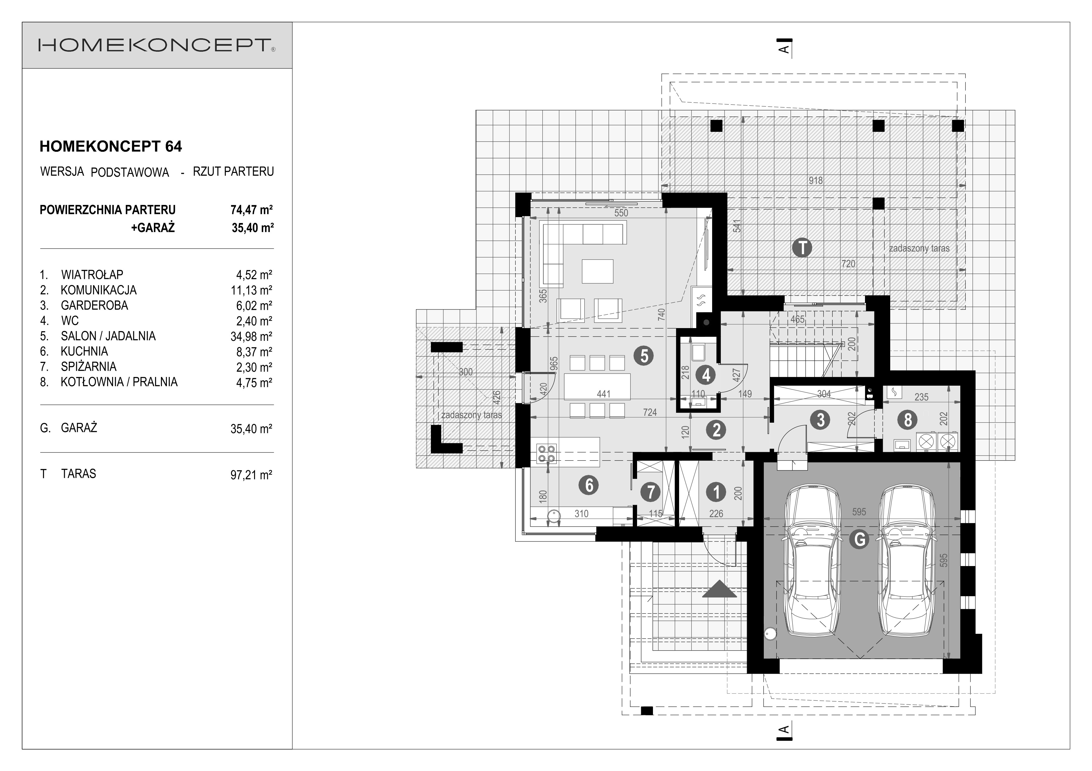 RZUT PARTERU
POWIERZCHNIA: 74,47 m²
1. WIATROŁAP – 4,52 m²
2. KOMUNIKACJA – 11,13 m²
3. GARDEROBA – 6,02 m²
4. ŁAZIENKA – 2,40 m²
5. SALON/JADALNIA – 34,98 m²
6. KUCHNIA – 8,37 m²
7. SPIŻARNIA – 2,30 m²
8. KOTŁOWNIA/PRALNIA – 4,75 m²
G. GARAŻ – 35,40 m²
T1. TARAS – 97,21 m²